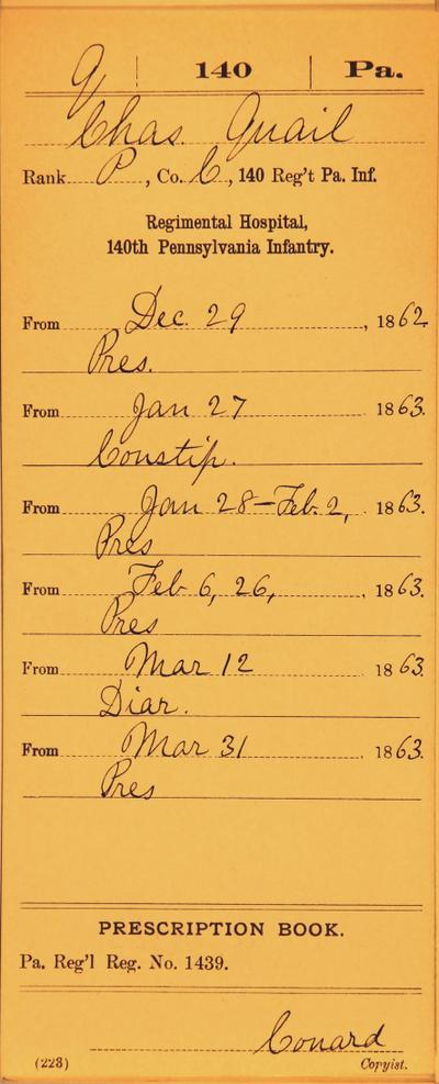 Regimental hospital card recording the soldier's name, rank, date and health conditions.