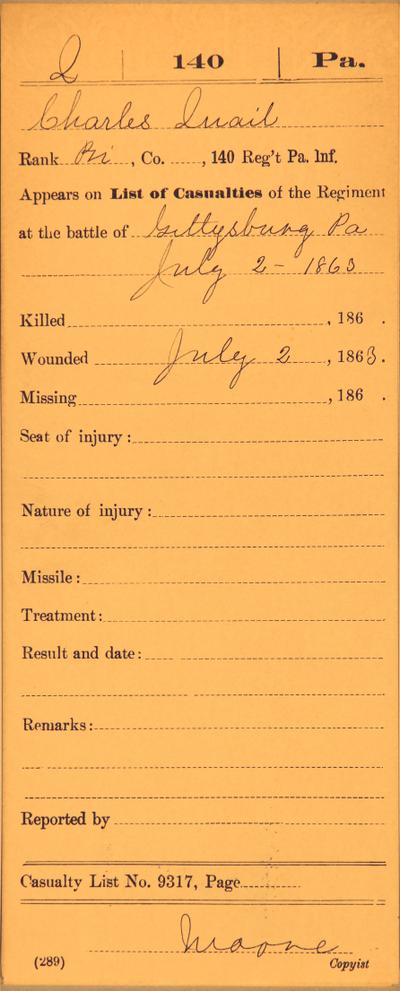 Casualty card containing the soldier's name, wound, battle where he was wounded and the date he was wounded.