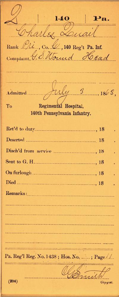 Regimental hospital card recording the soldier's name, rank, date and health conditions.