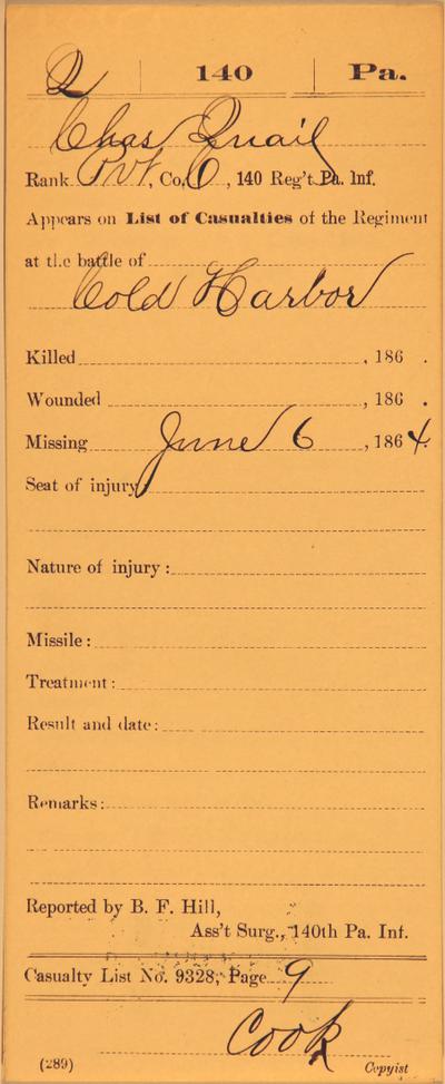Casualty card containing the soldier's name, wound, battle where he was wounded and the date he was wounded.