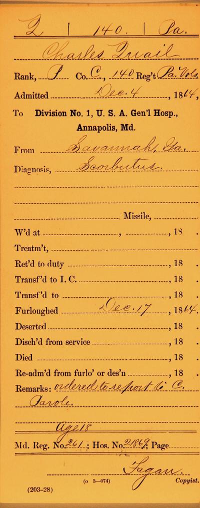 Hospital card record containing the soldier's name, rank, service, diagnosis, name, admission date, hospital location, and treatment outcome. 