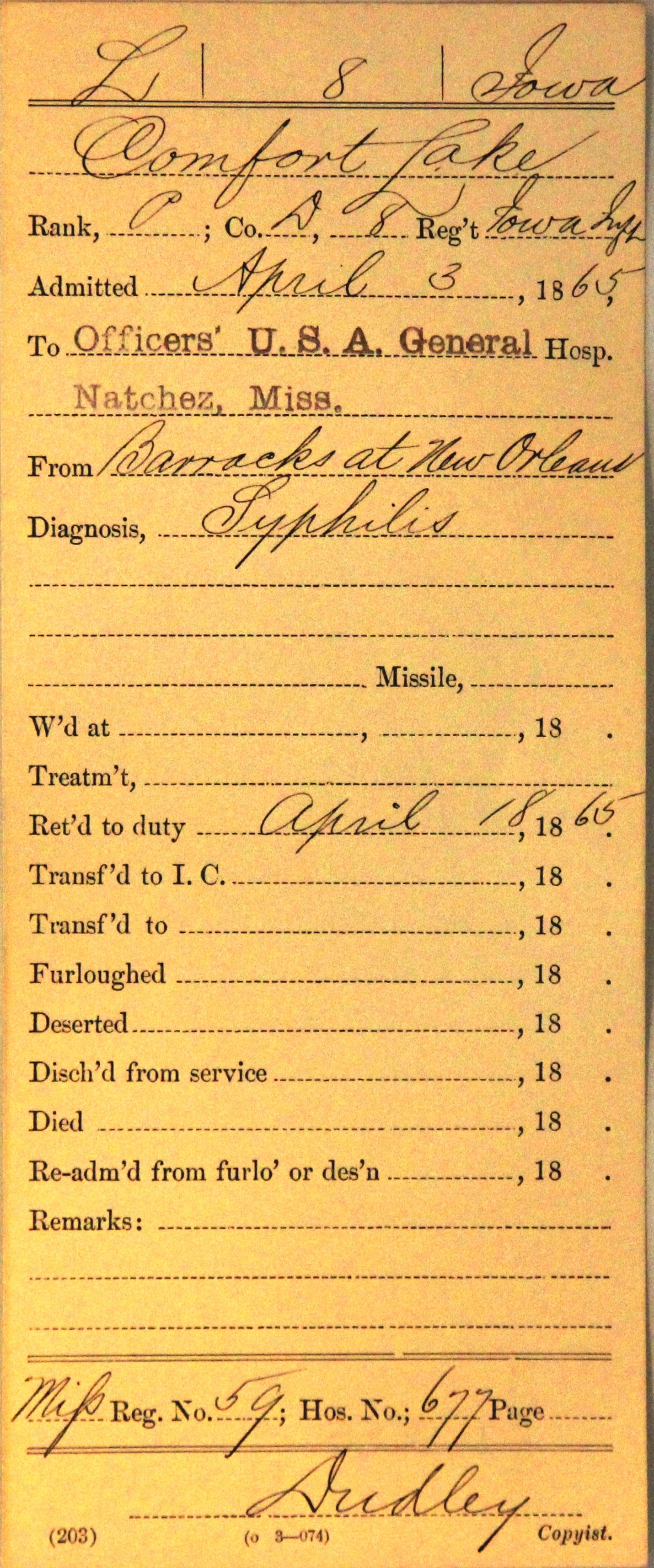 Officers' hospital card record containing the officer's name, rank, service, diagnosis, name, admission date, hospital location, and treatment outcome. 