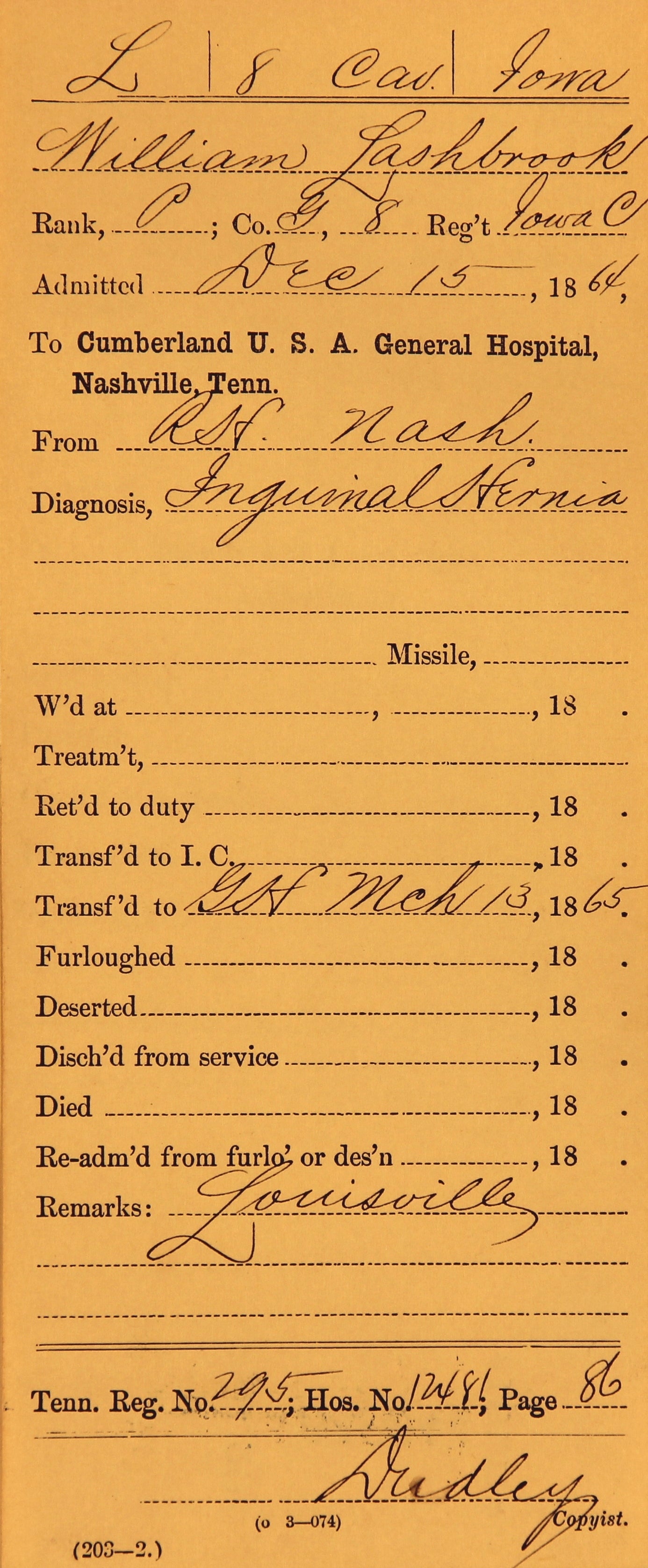 Hospital card record containing the soldier's name, rank, service, diagnosis, name, admission date, hospital location, and treatment outcome. 