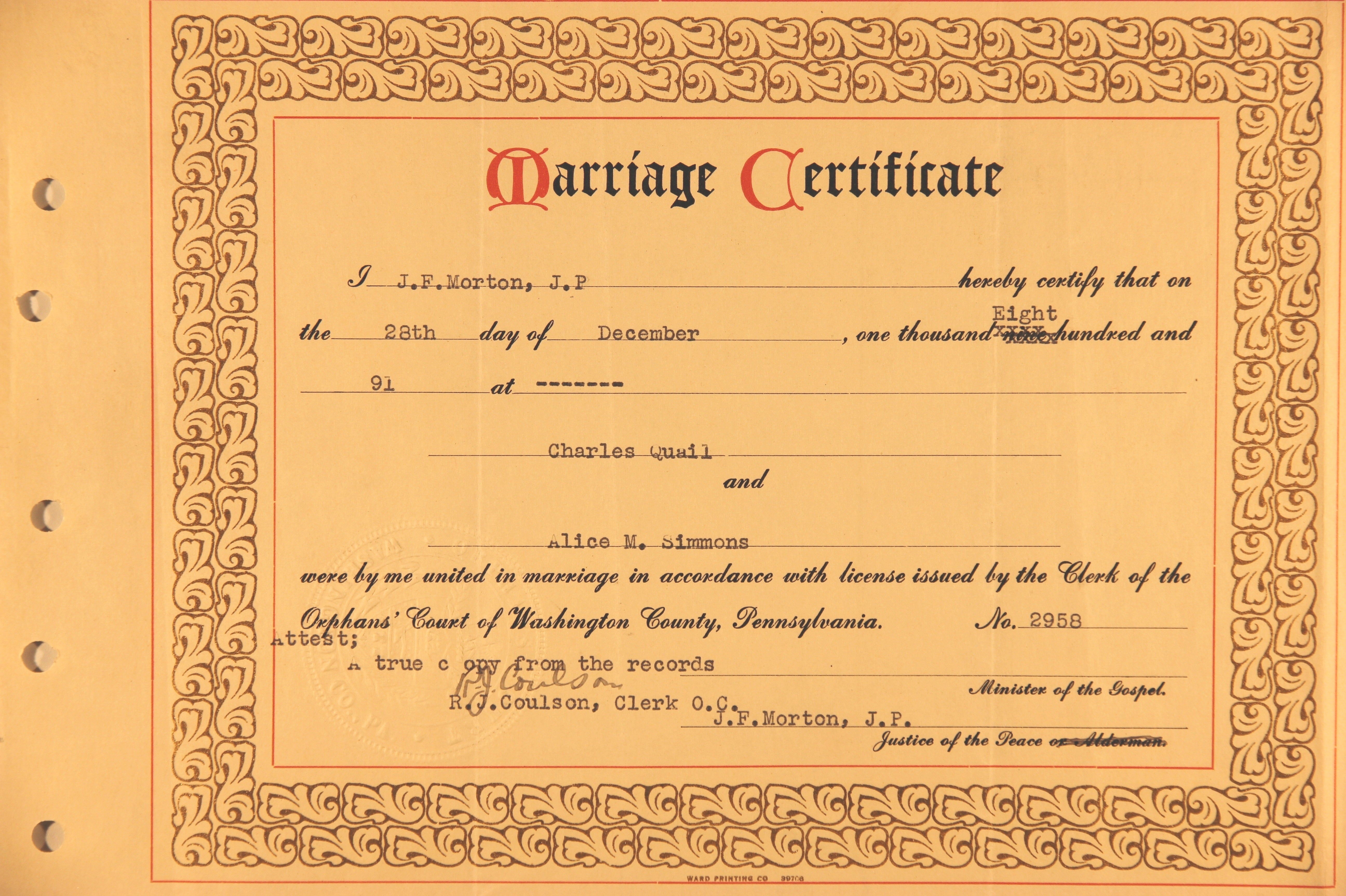 Example of a recruit's marriage certificate
