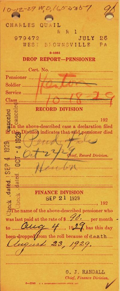 Example of a drop card used to record dropping a recruit from the pension rolls