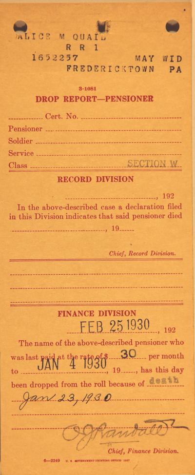 Example of a drop card recording a recruit's widow being dropped from the pension rolls