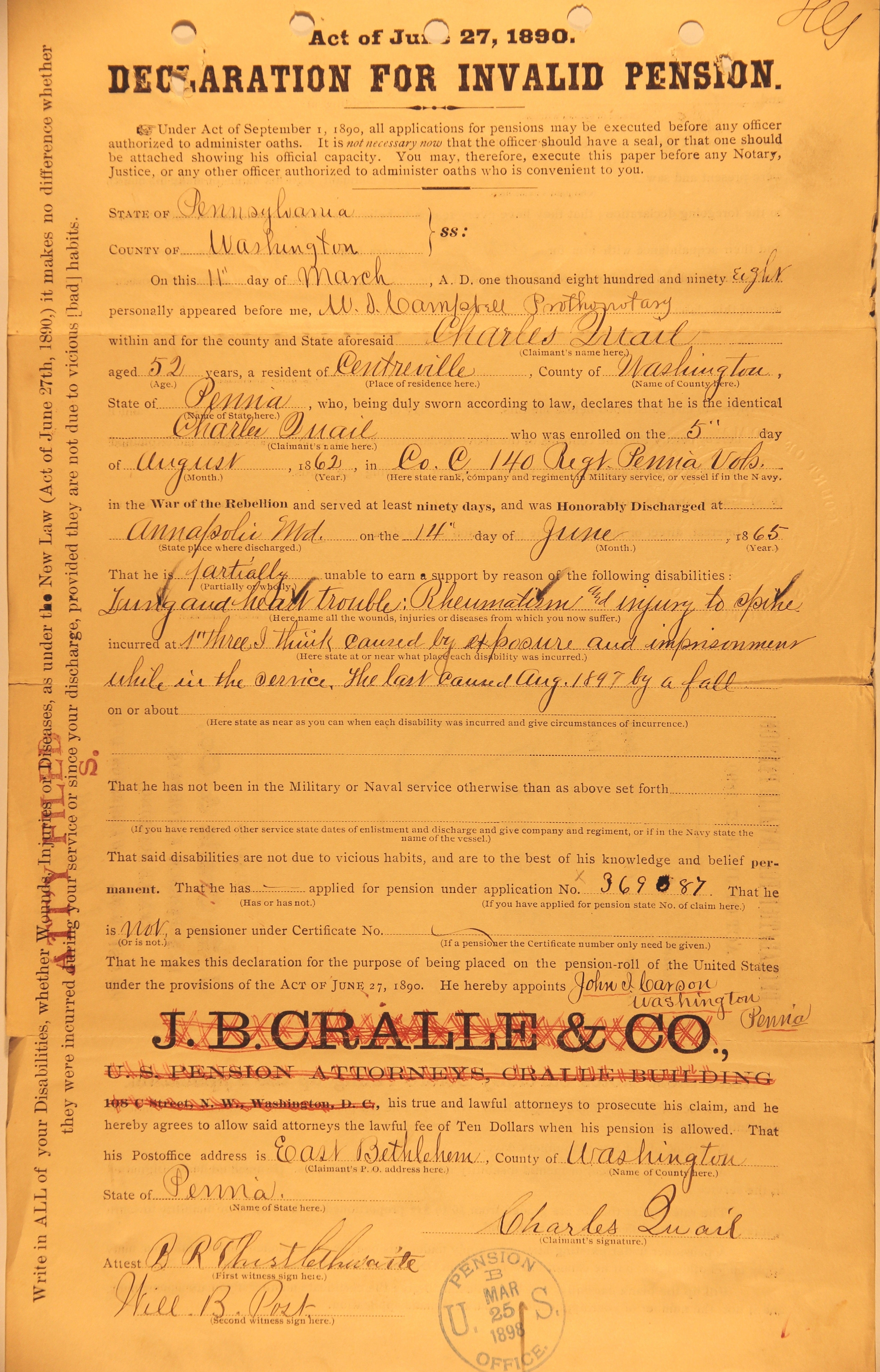 An application for a pension under the act of June 27, 1890