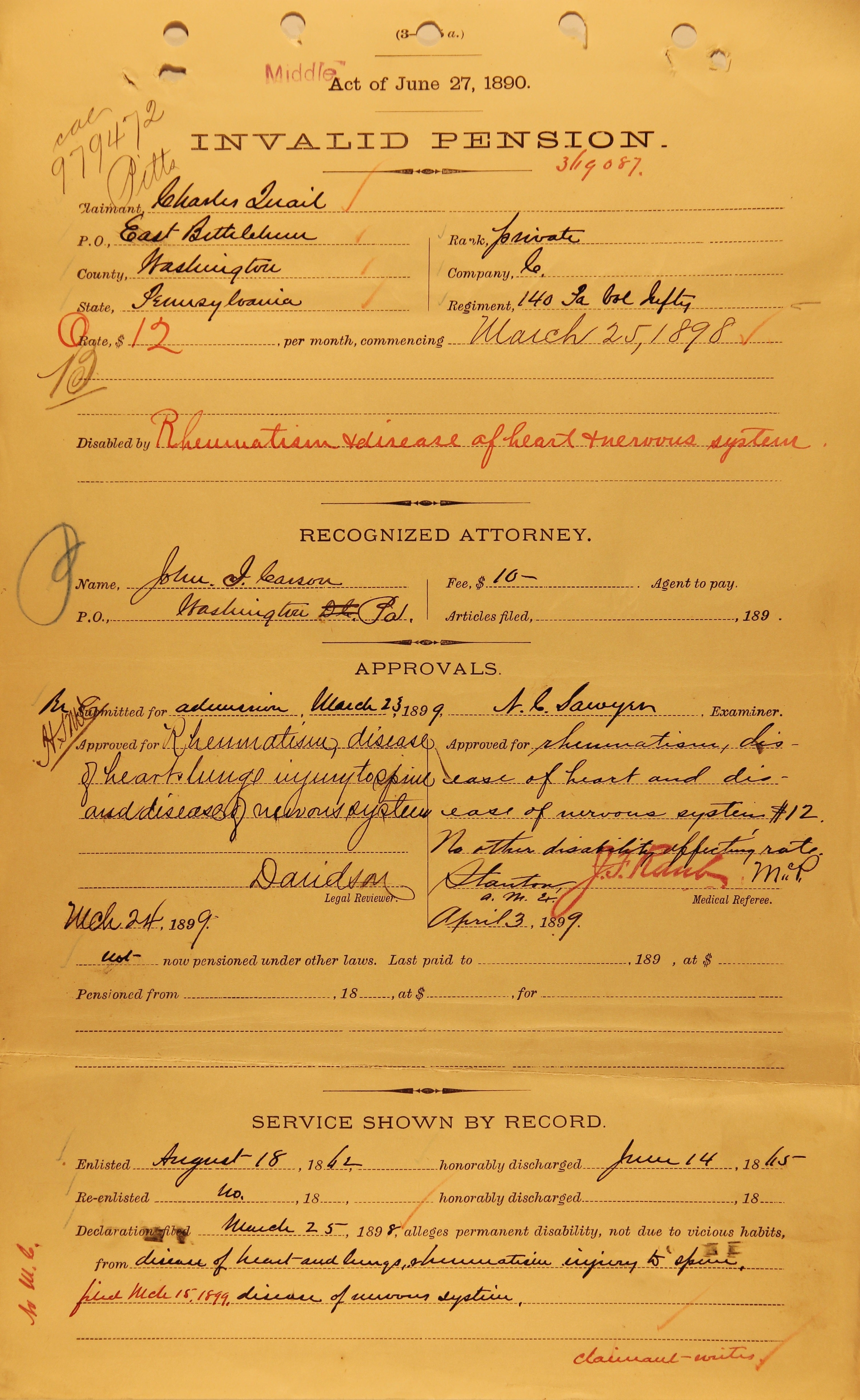 A ruling granting a recruit's pension under the act of June 27, 1890