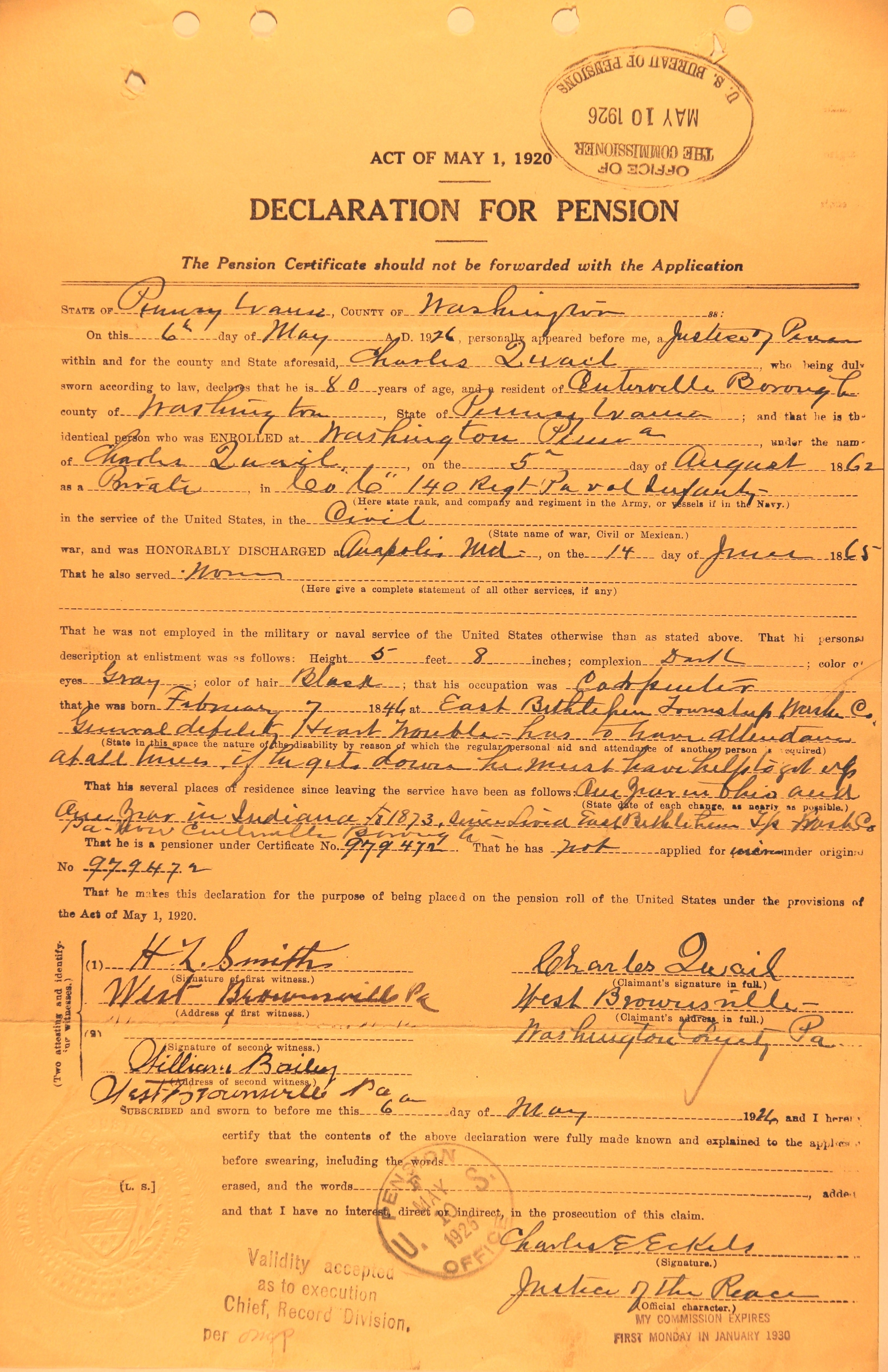 An application for a pension under the act of May 1, 1920