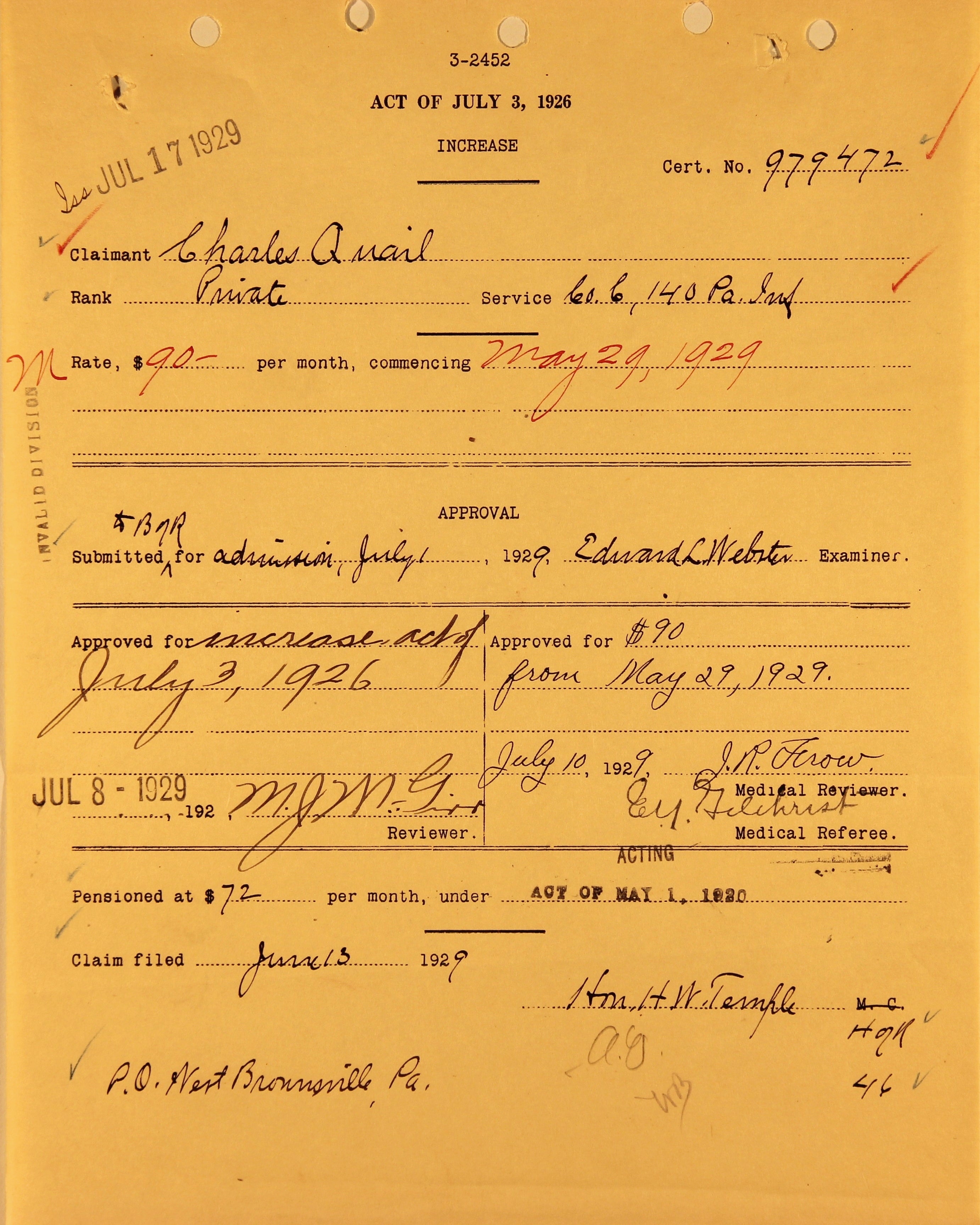 A ruling on a recruit's pension under the act of July 3, 1926