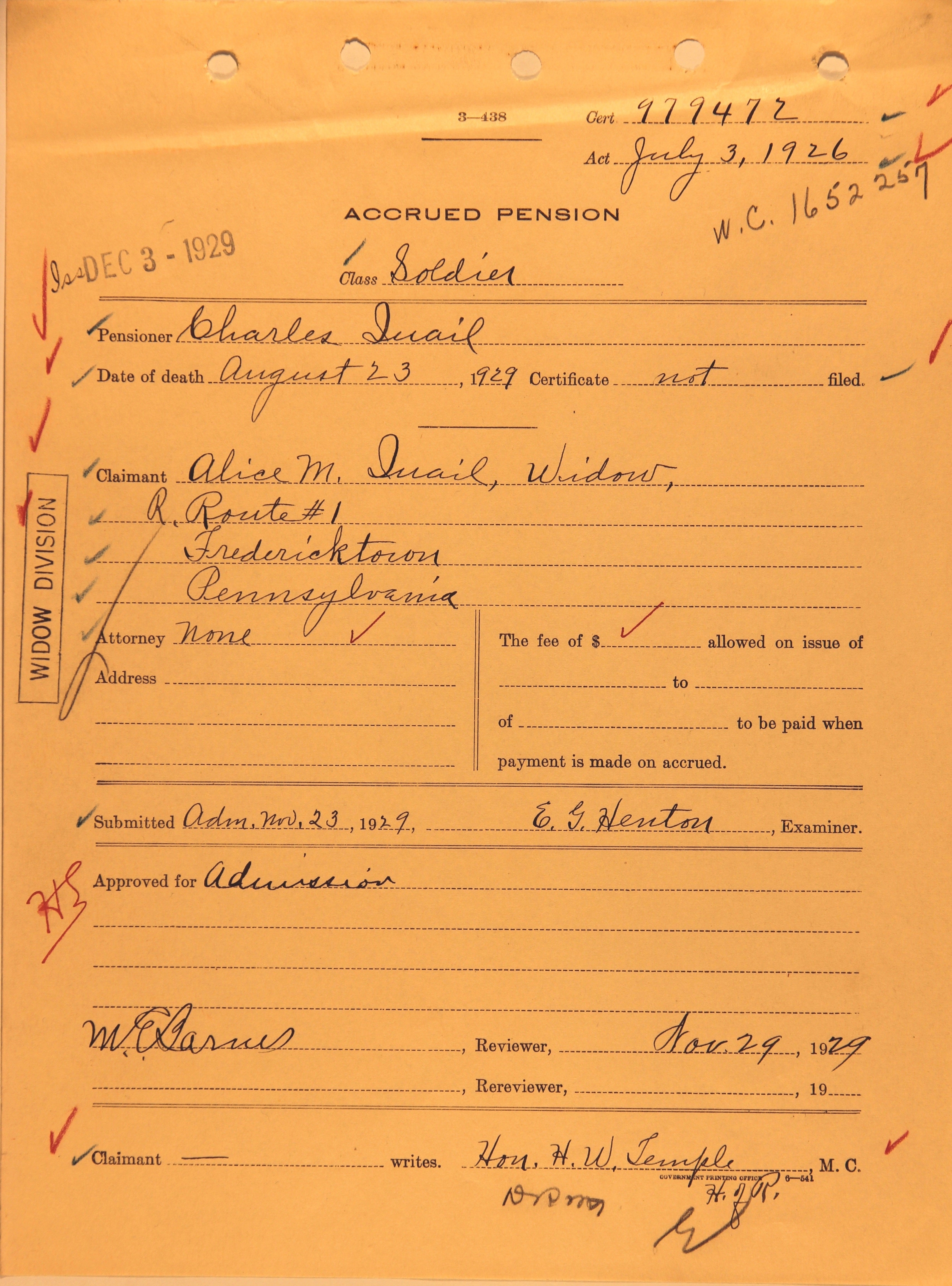 A document listing a recruit's accrued pension