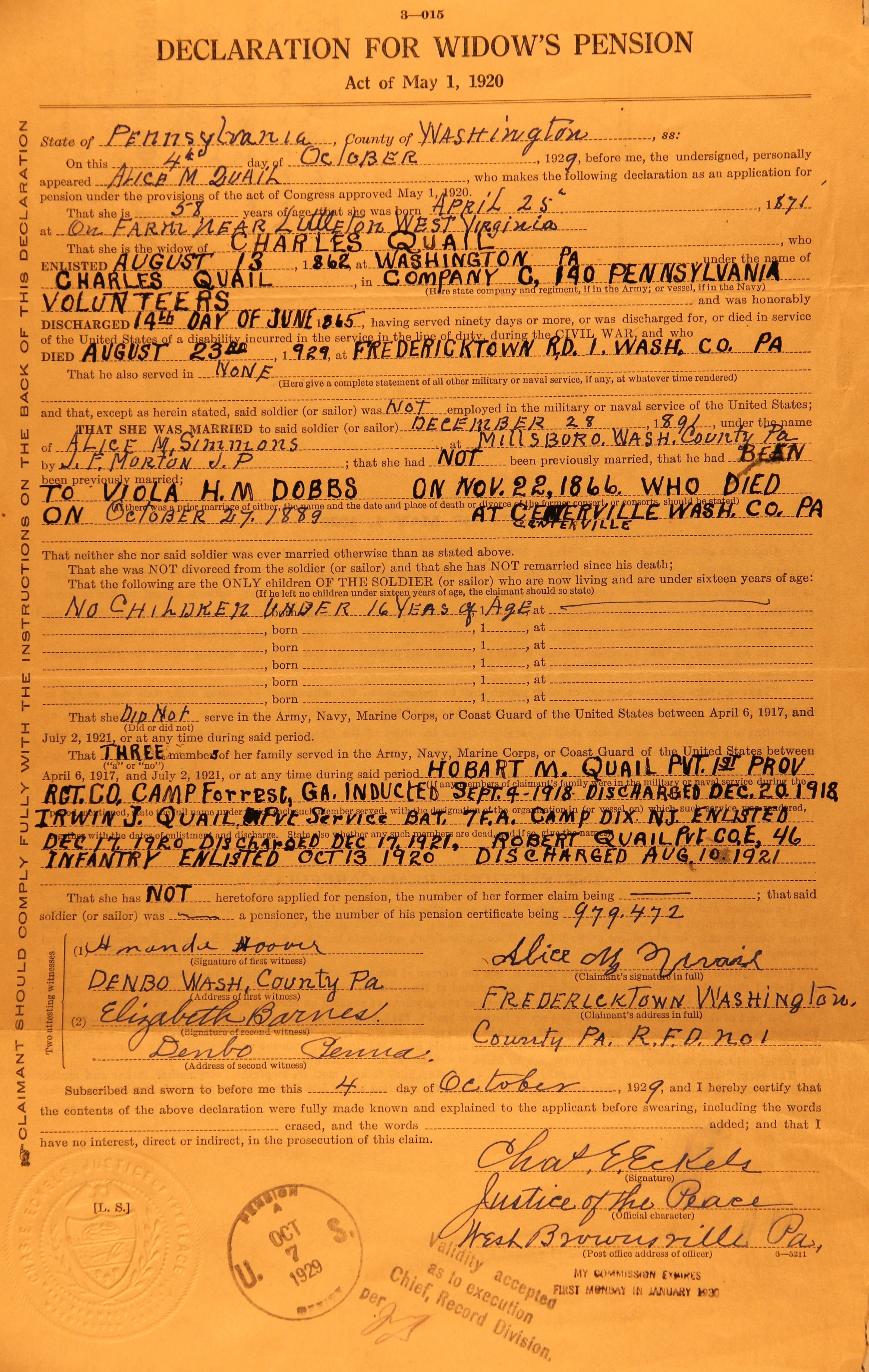 An application for a widow's pension under the act of May 1, 1920