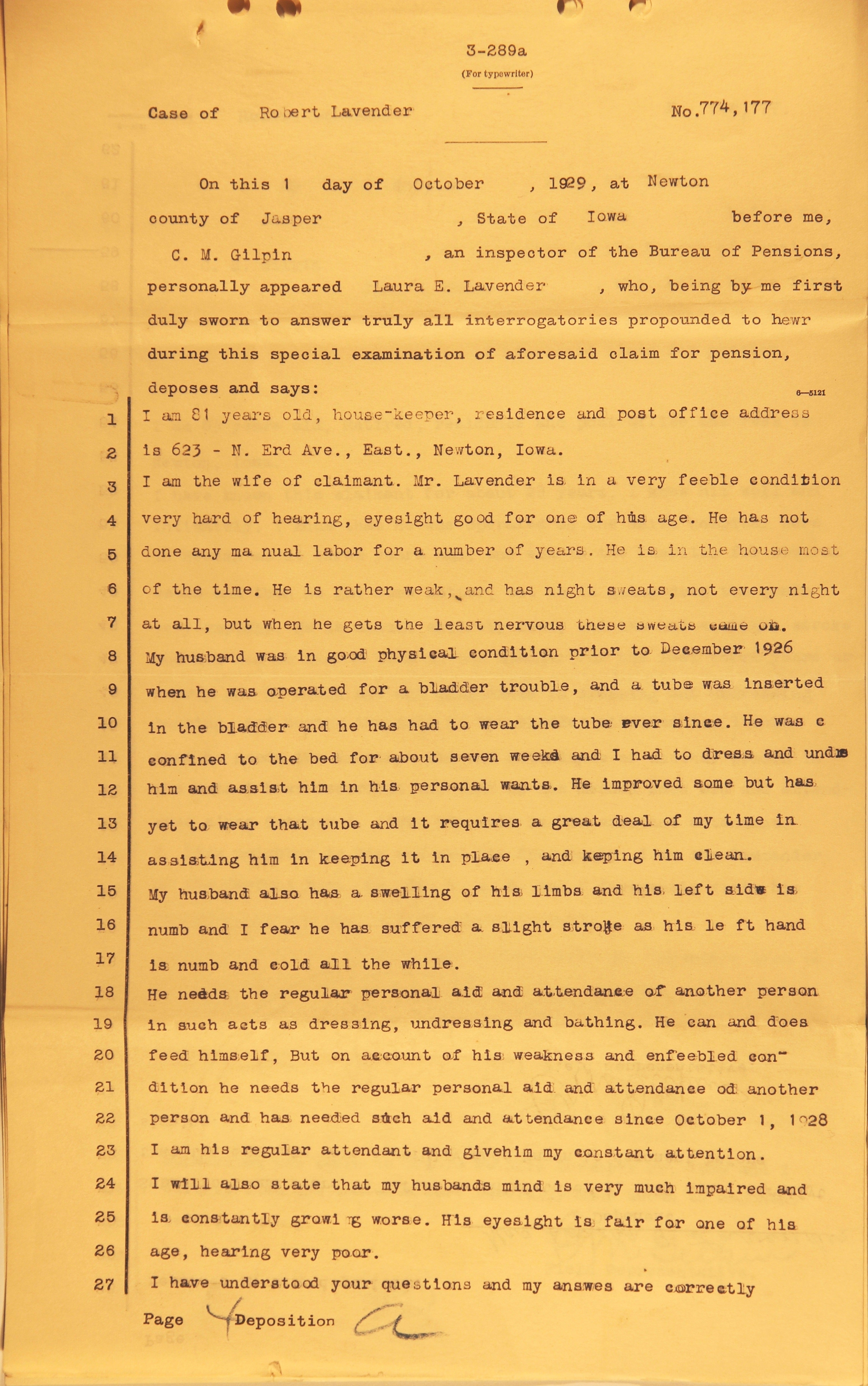 First page of depositions accompanying a recruit's pension application