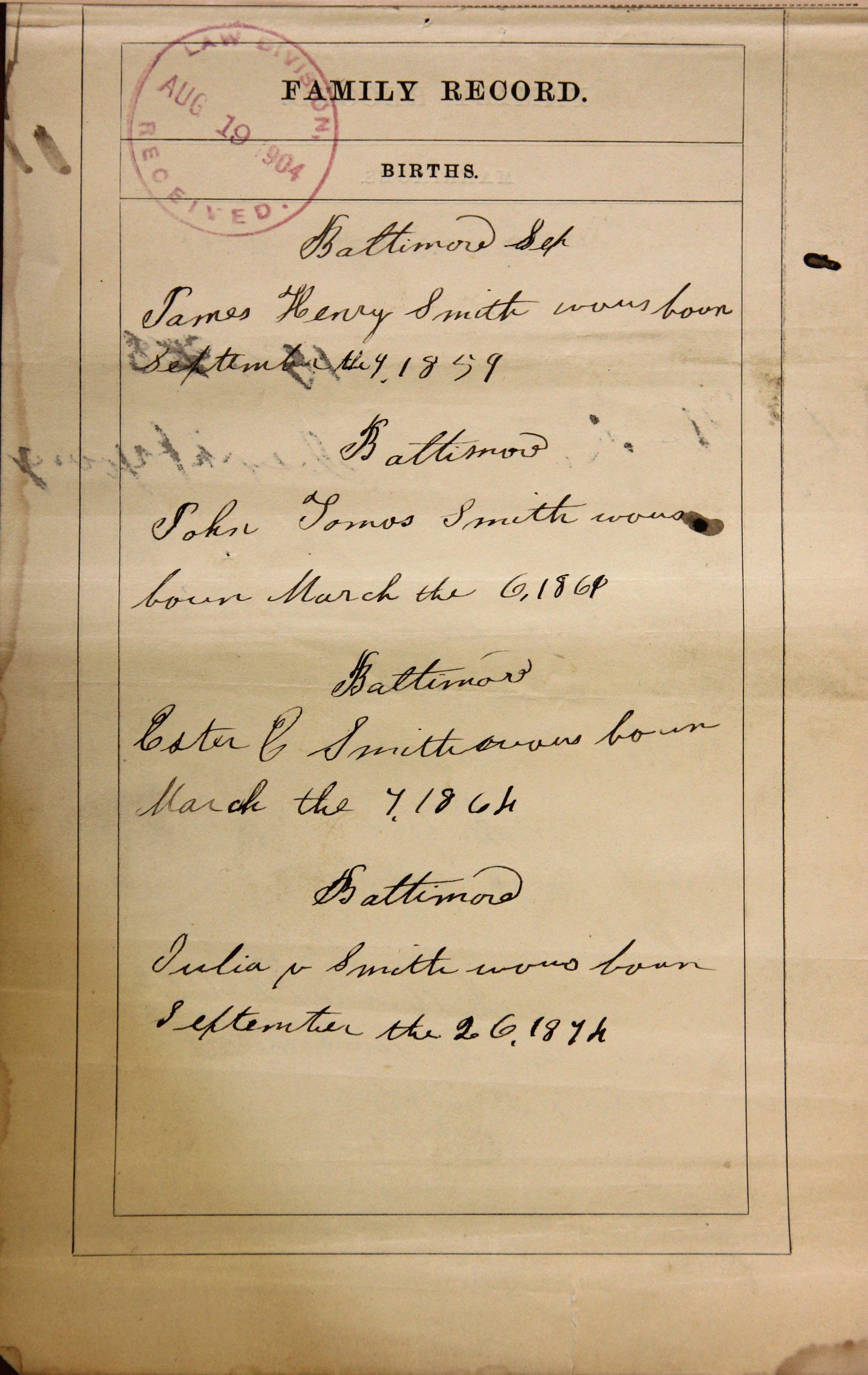 Page from a family bible used as documentation for a recruit's pension application