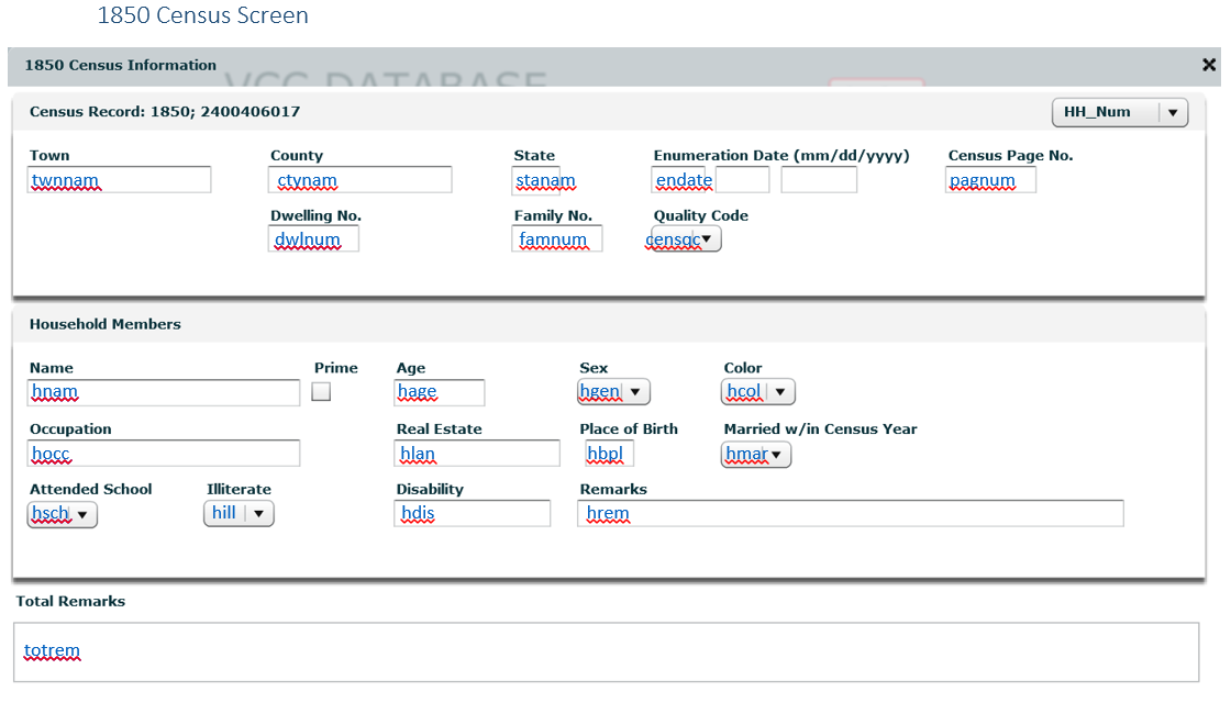 Image of the 1850 Veteran's Children Census data entry screen