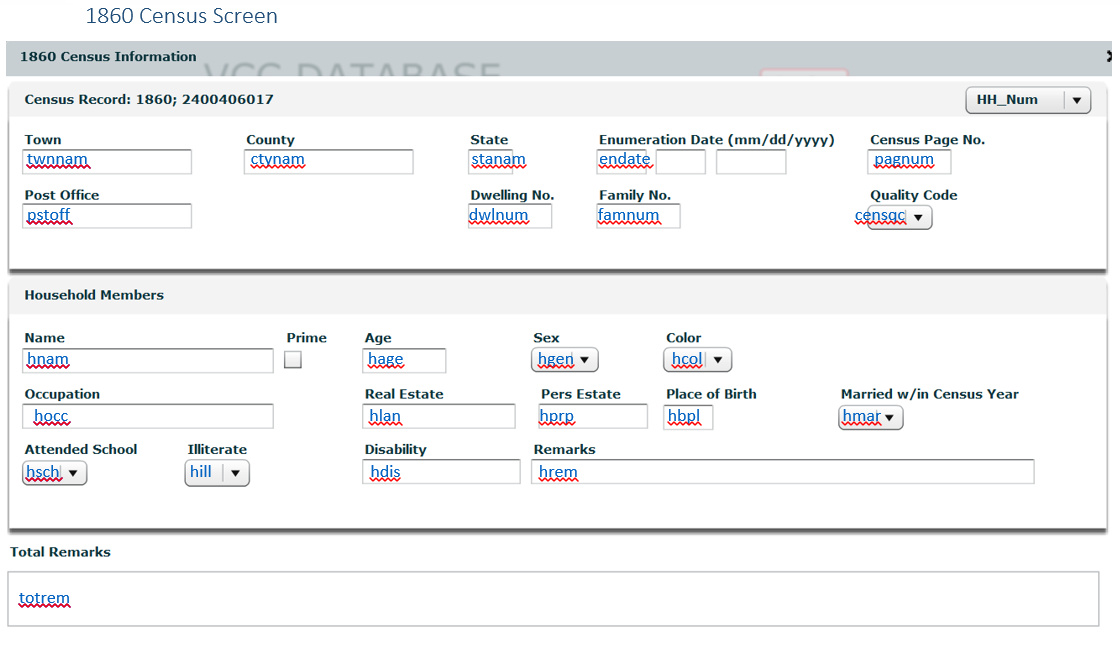 Image of the 1860 Veteran's Children Census data entry screen