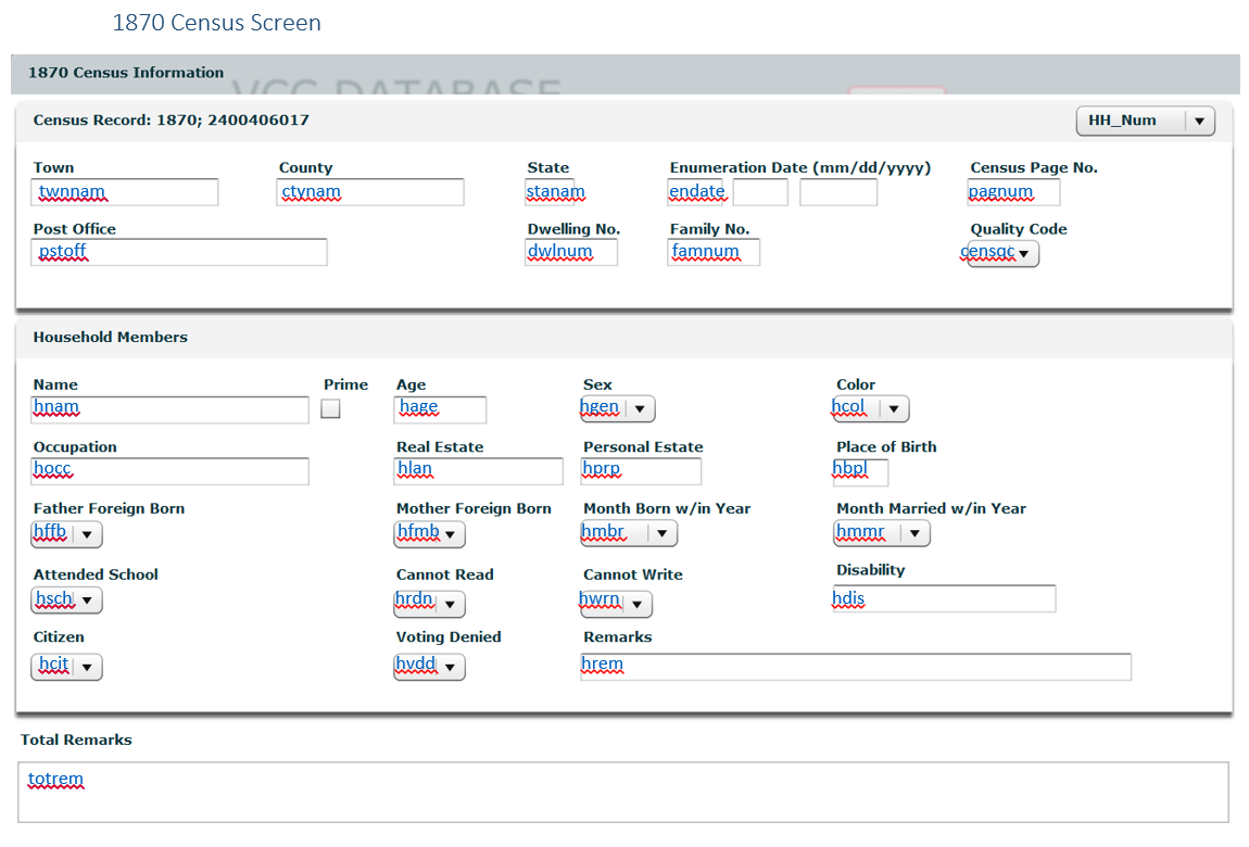 Image of the 1850 Veteran's Children Census data entry screen