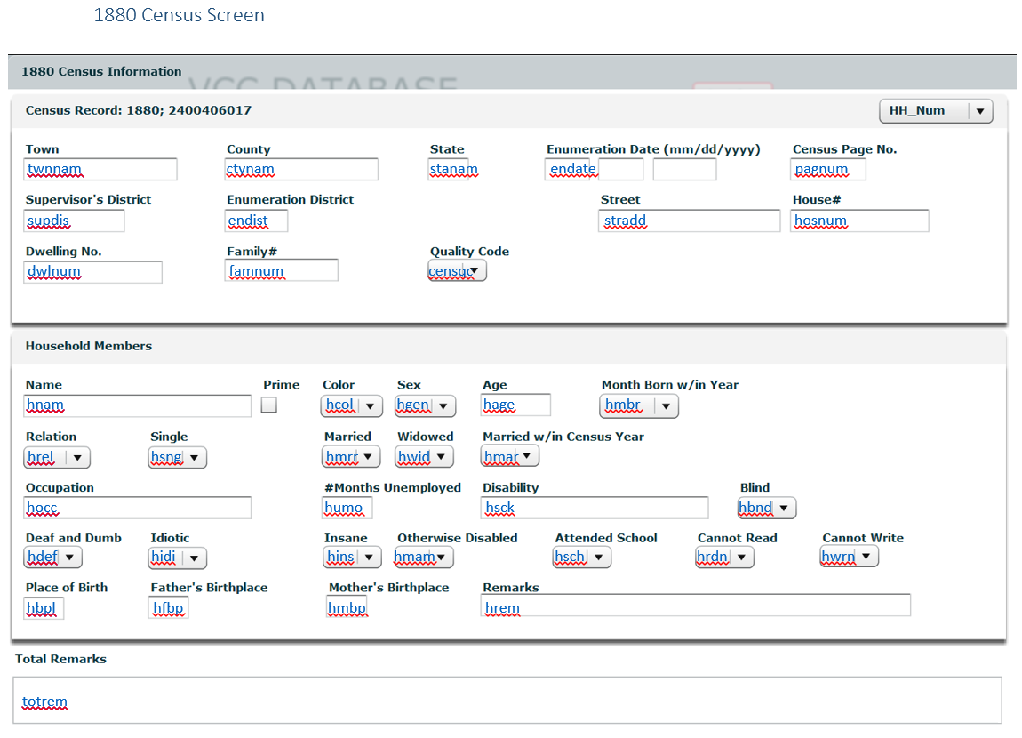 Image of the 1850 Veteran's Children Census data entry screen