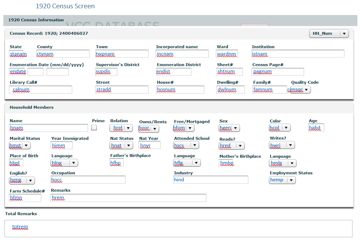 Image of the 1900 Veteran's Children Census data entry screen