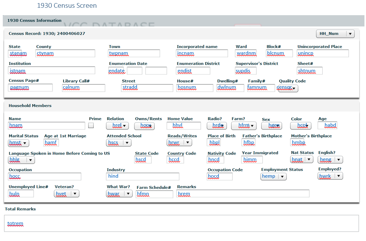 Image of the 1930 Veteran's Children Census data entry screen