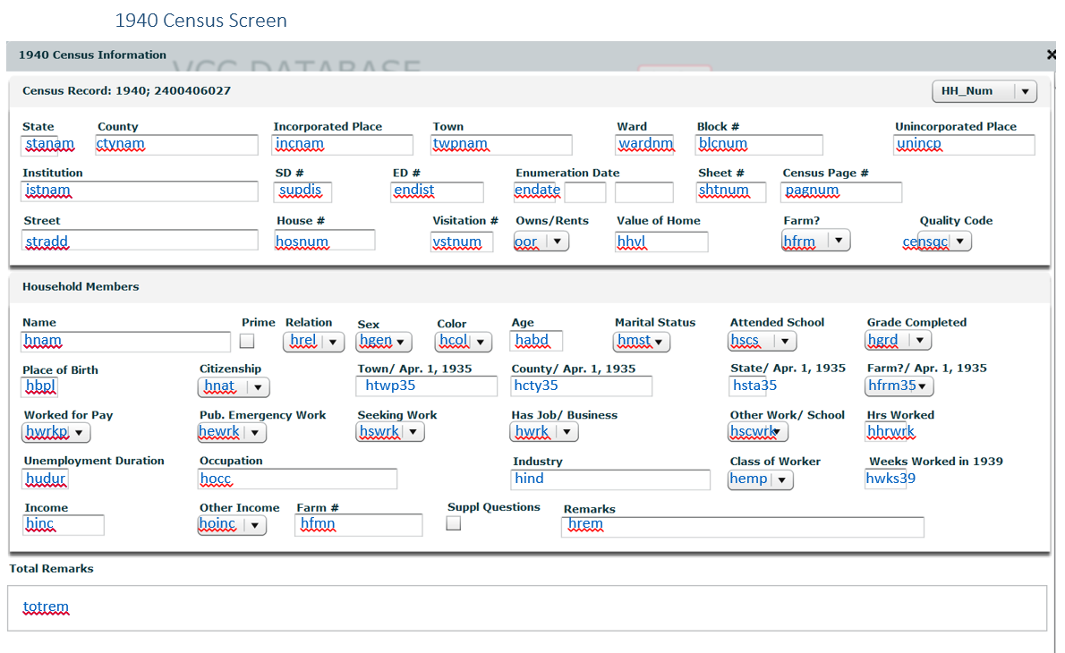 Image of the 1940 Veteran's Children Census data entry screen