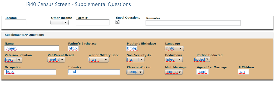 Image of the 1940 Supplement Veteran's Children Census data entry screen