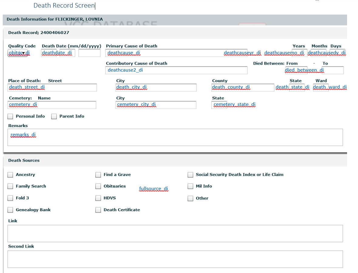 Image of the Obituary & Death Information Veteran's Children Census data entry screen