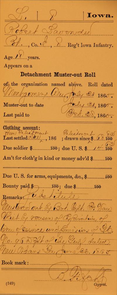 Image of a recruit's detachment muster out roll card