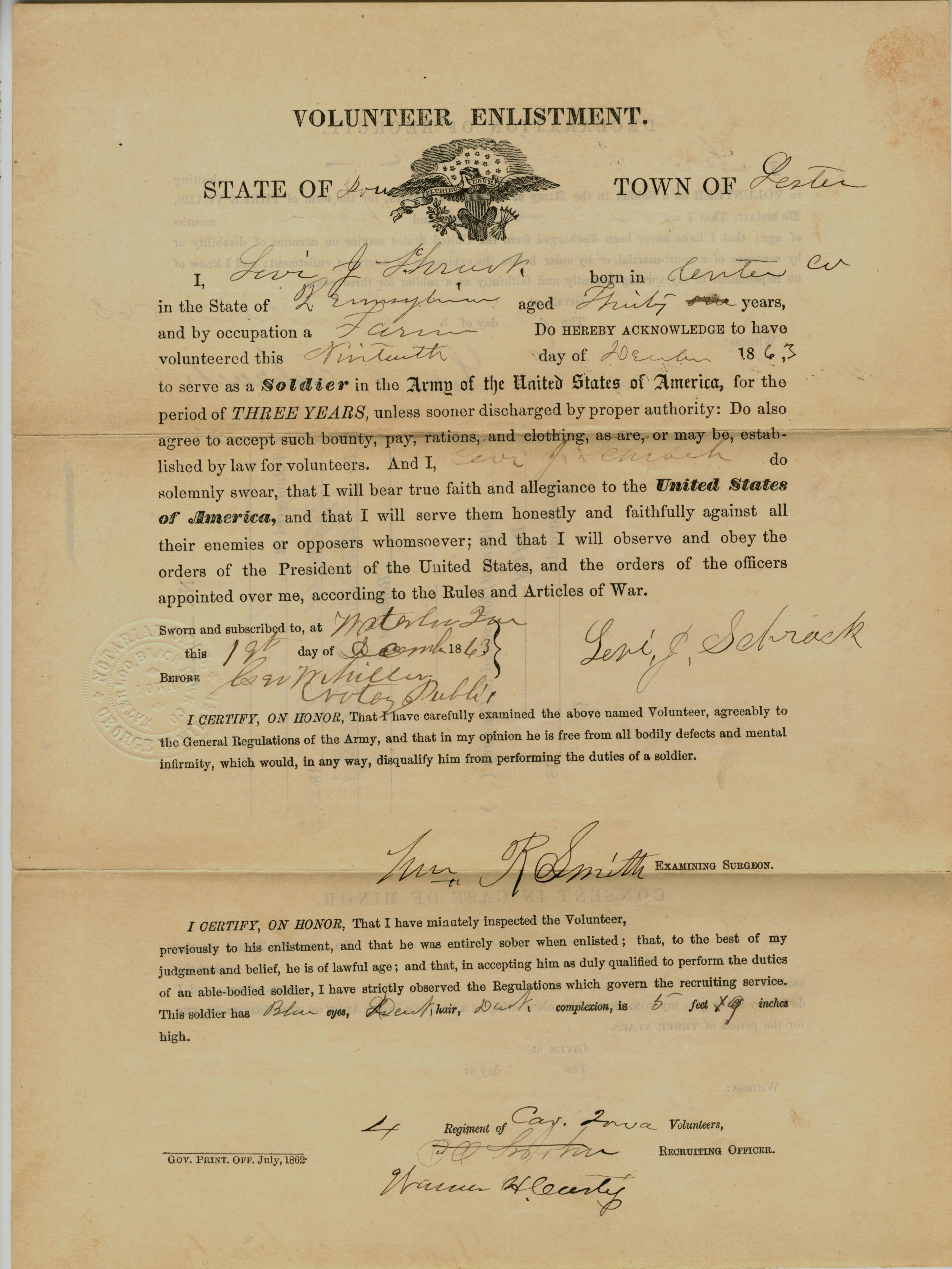 Image of a recruit's volunteer enlistment form, page 1