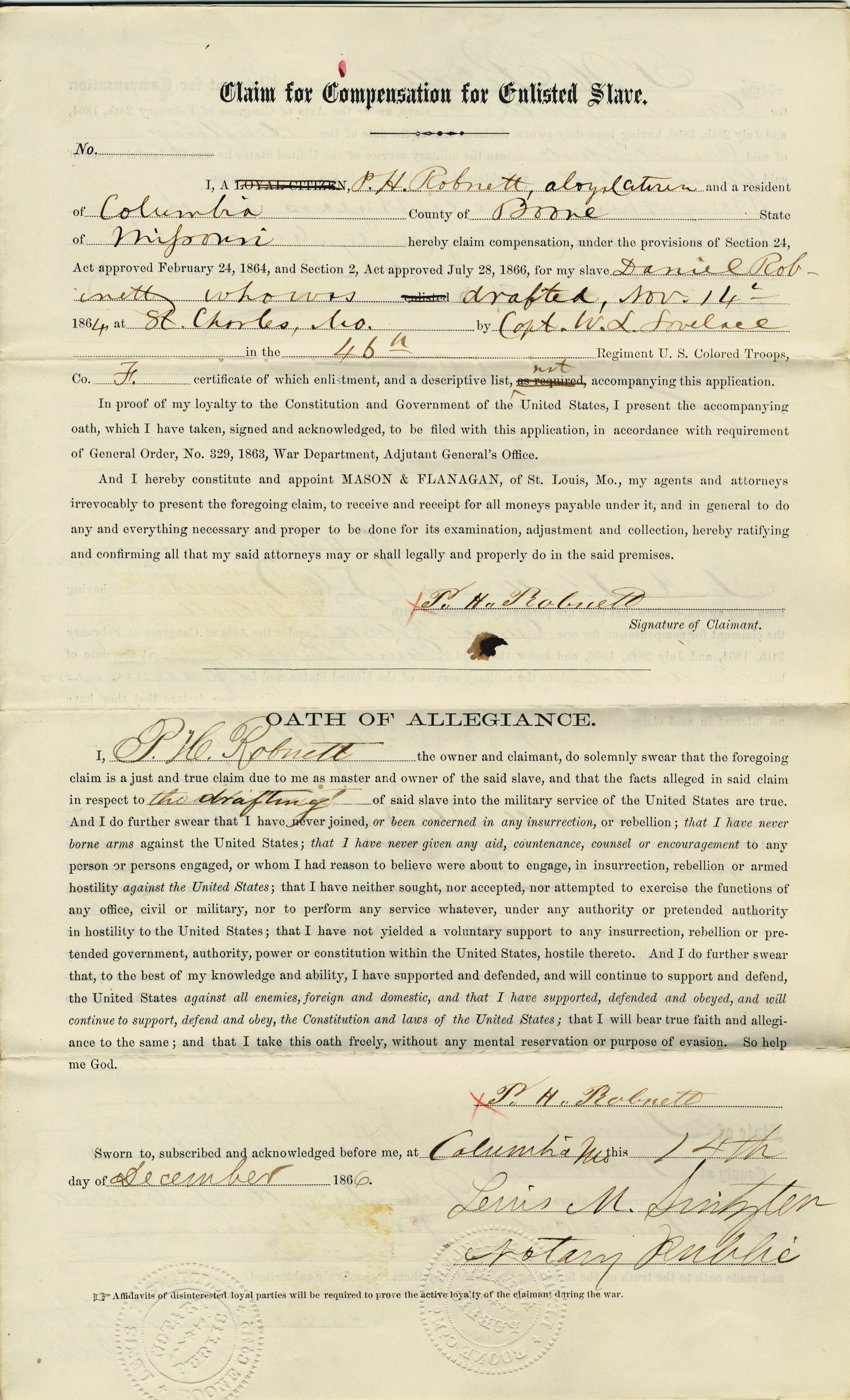 Image of a claim for compensation for an enlisted slave