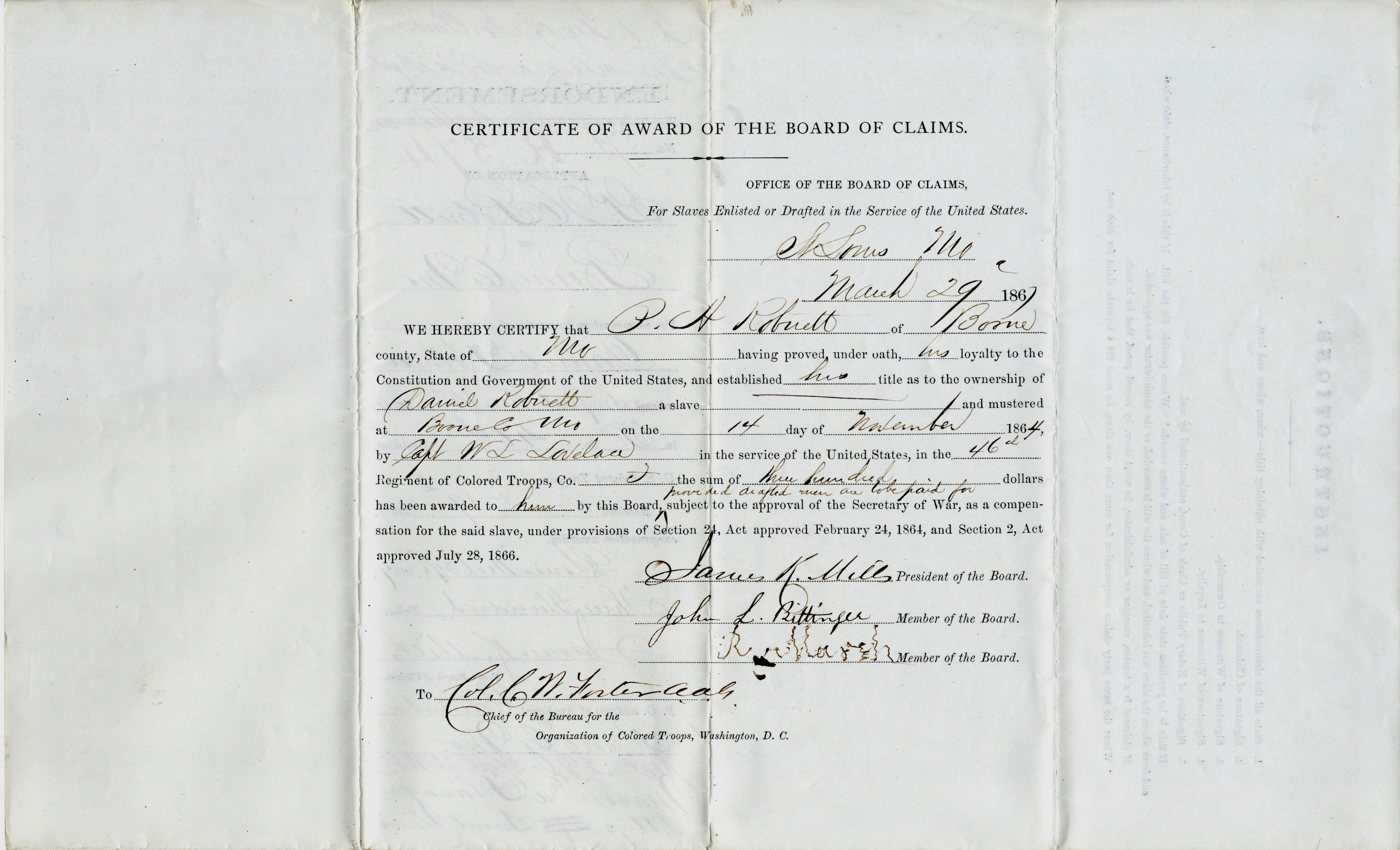 Image of a document certifying the claim for compensation of an enlisted slave