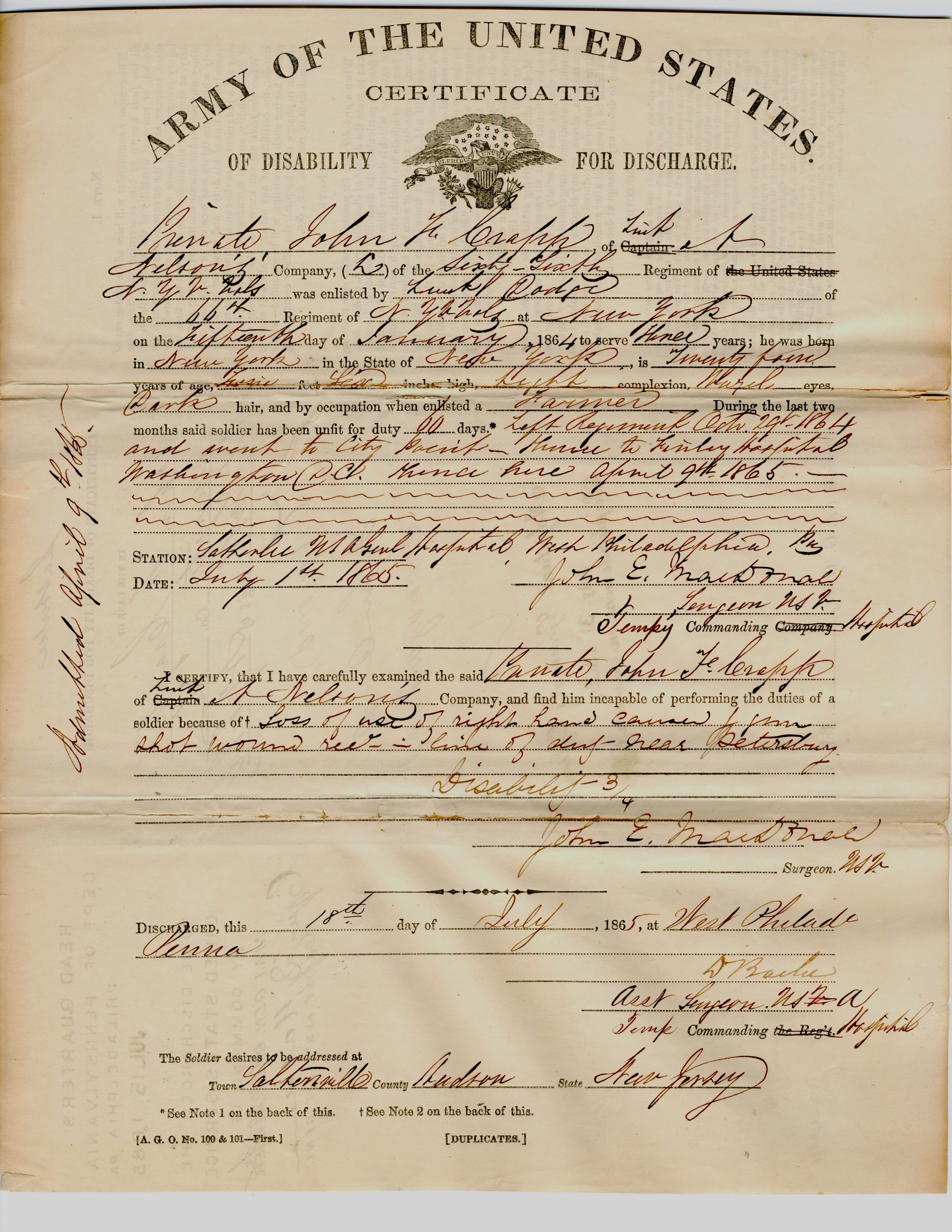 Image of a certificate of disability for discharge