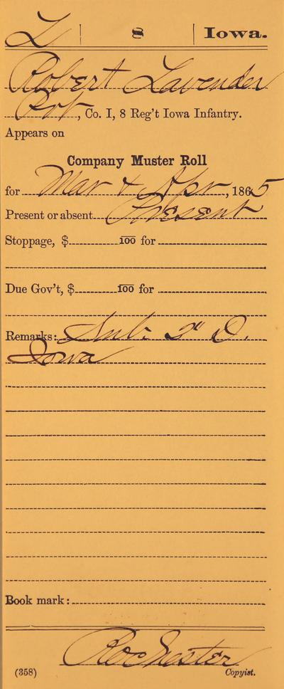 Image of a recruit's muster roll card for March and April, 1865
