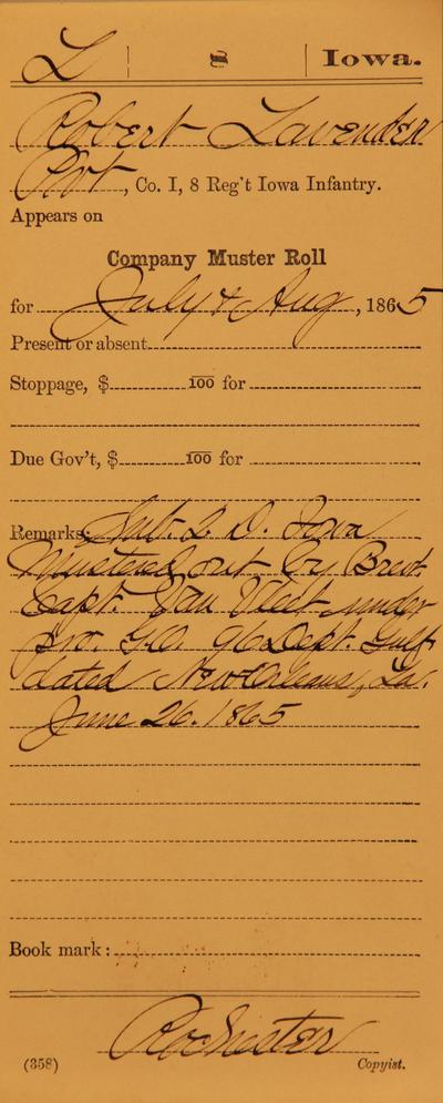 Image of a recruit's muster roll card for July and August, 1865