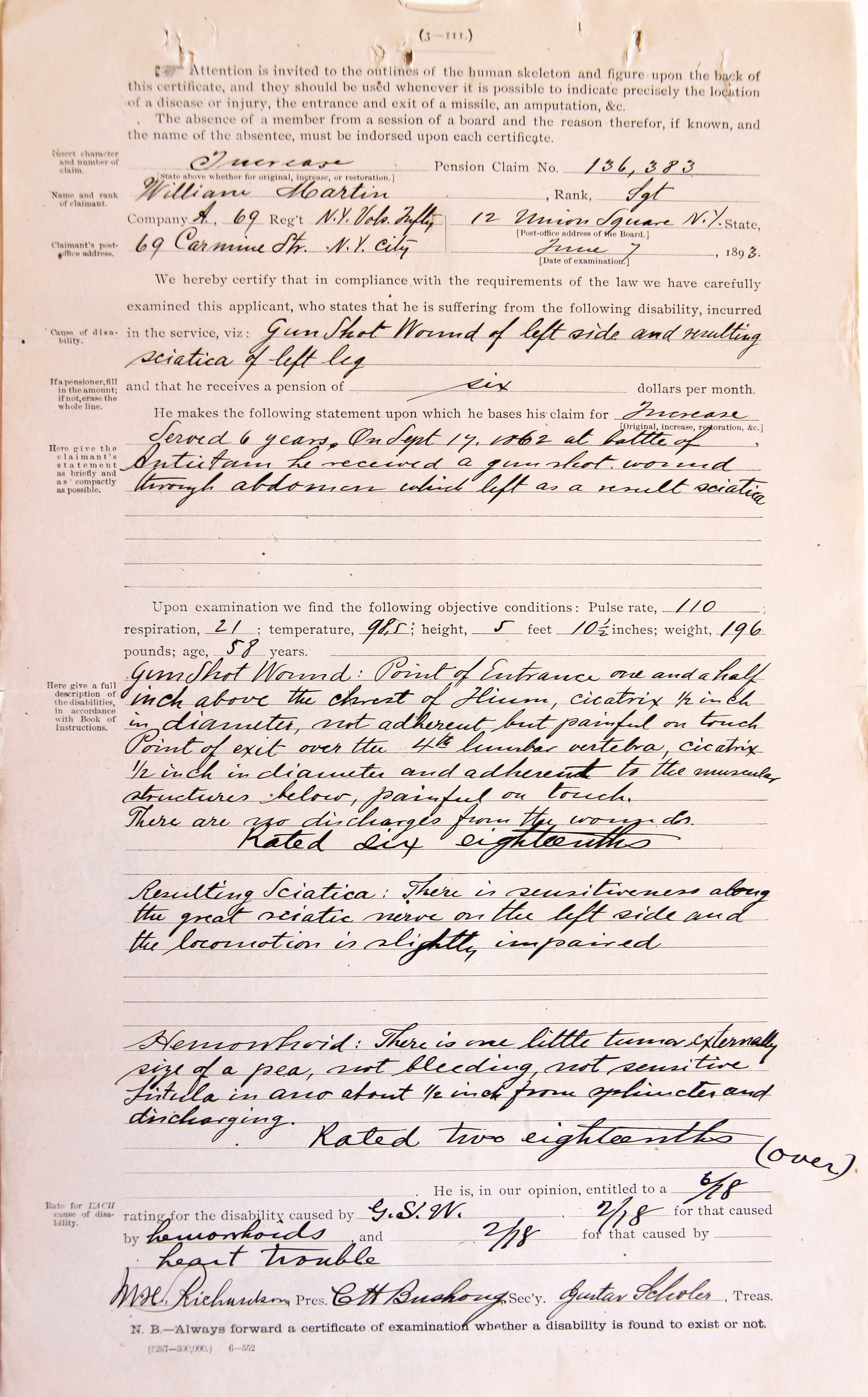 Image of a surgeon's certificate for William Martin's 1893 pension application