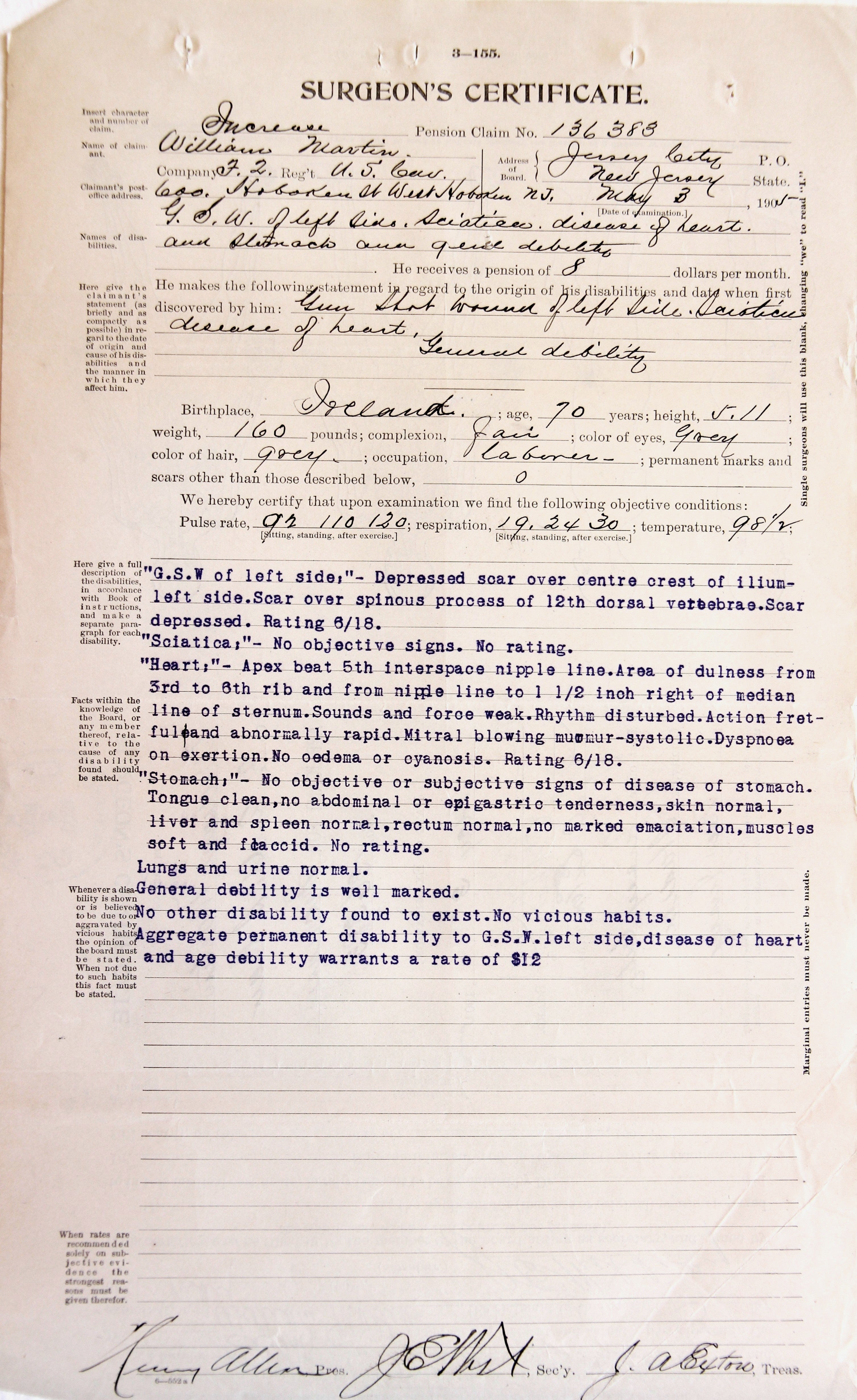 Image of the surgeon's certificate for William Martin's 1905 pension application.