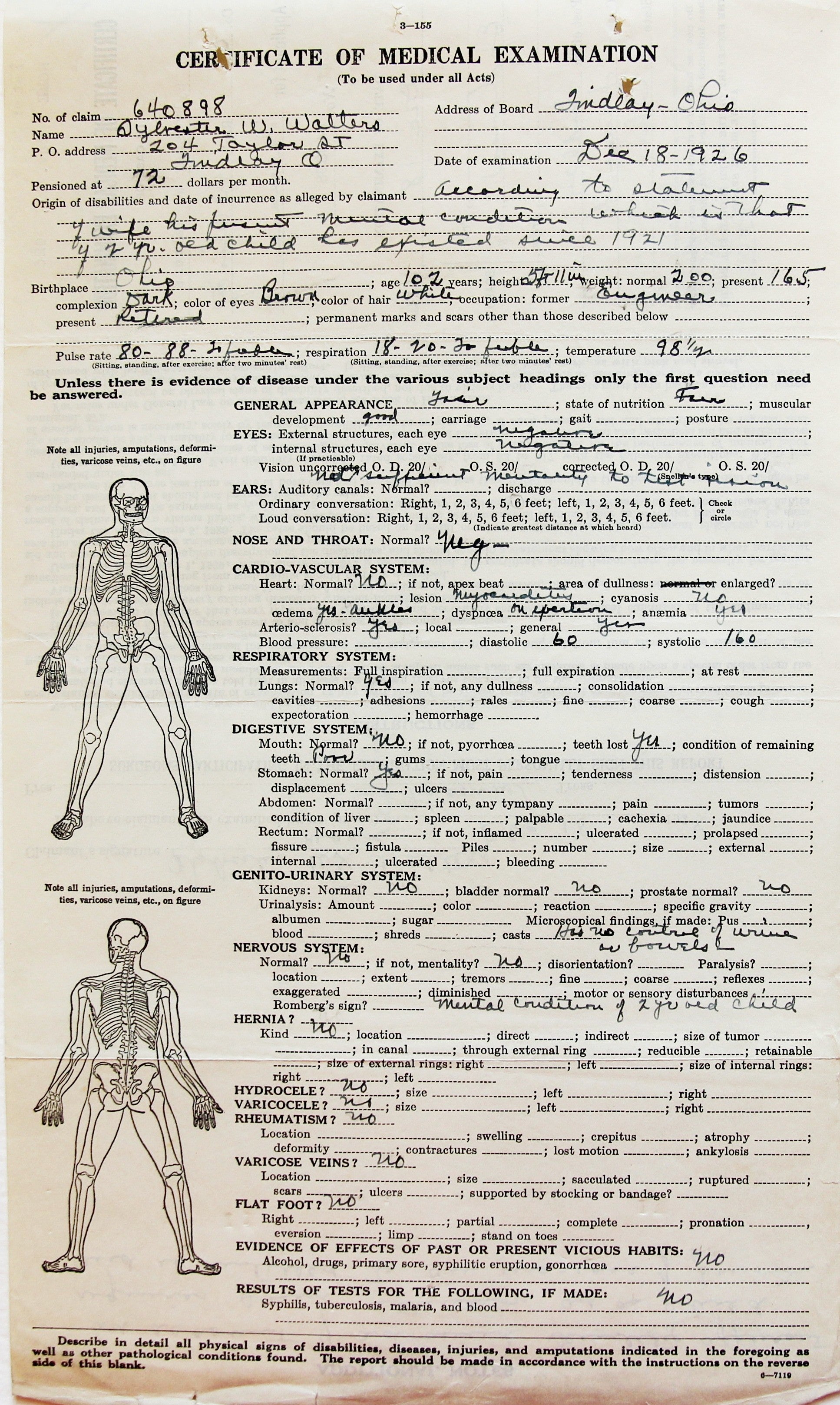 Image of the first page of the surgeon's certificate for Walter's 1926 pension application.