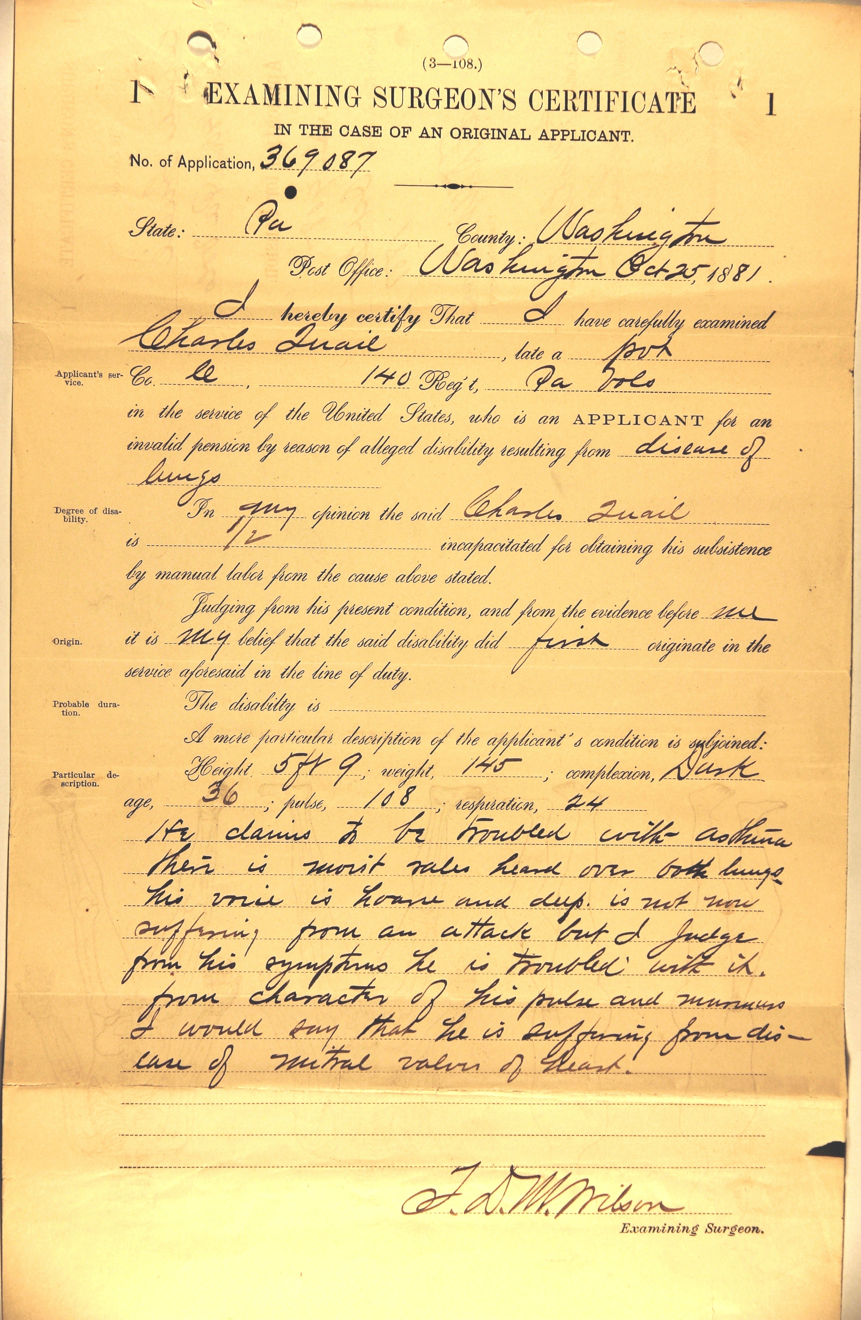 Image of a surgeon's certificate for Charles Quail's 1881 pension application