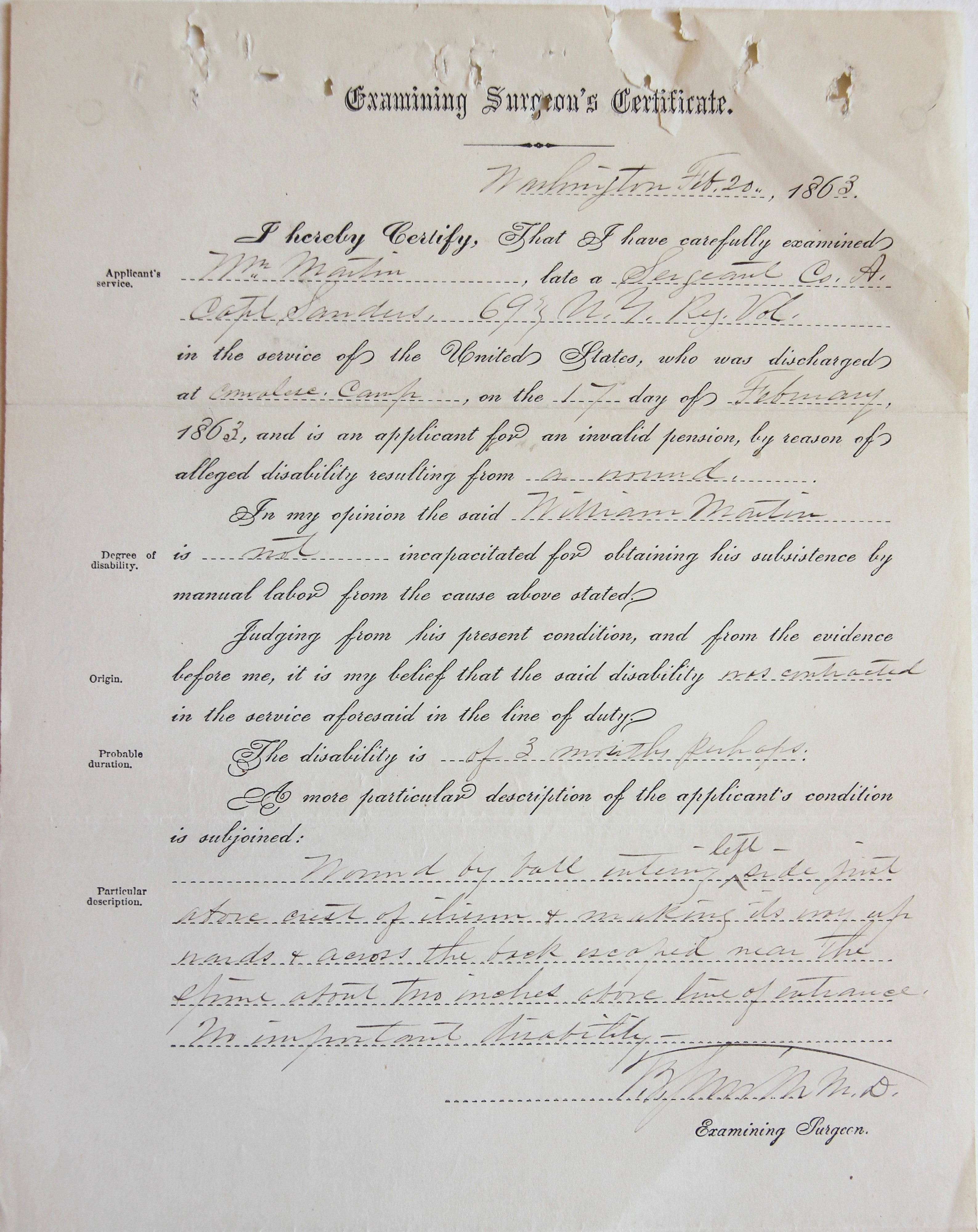 Image of a surgeon's certificate for William Martin's 1863 pension application