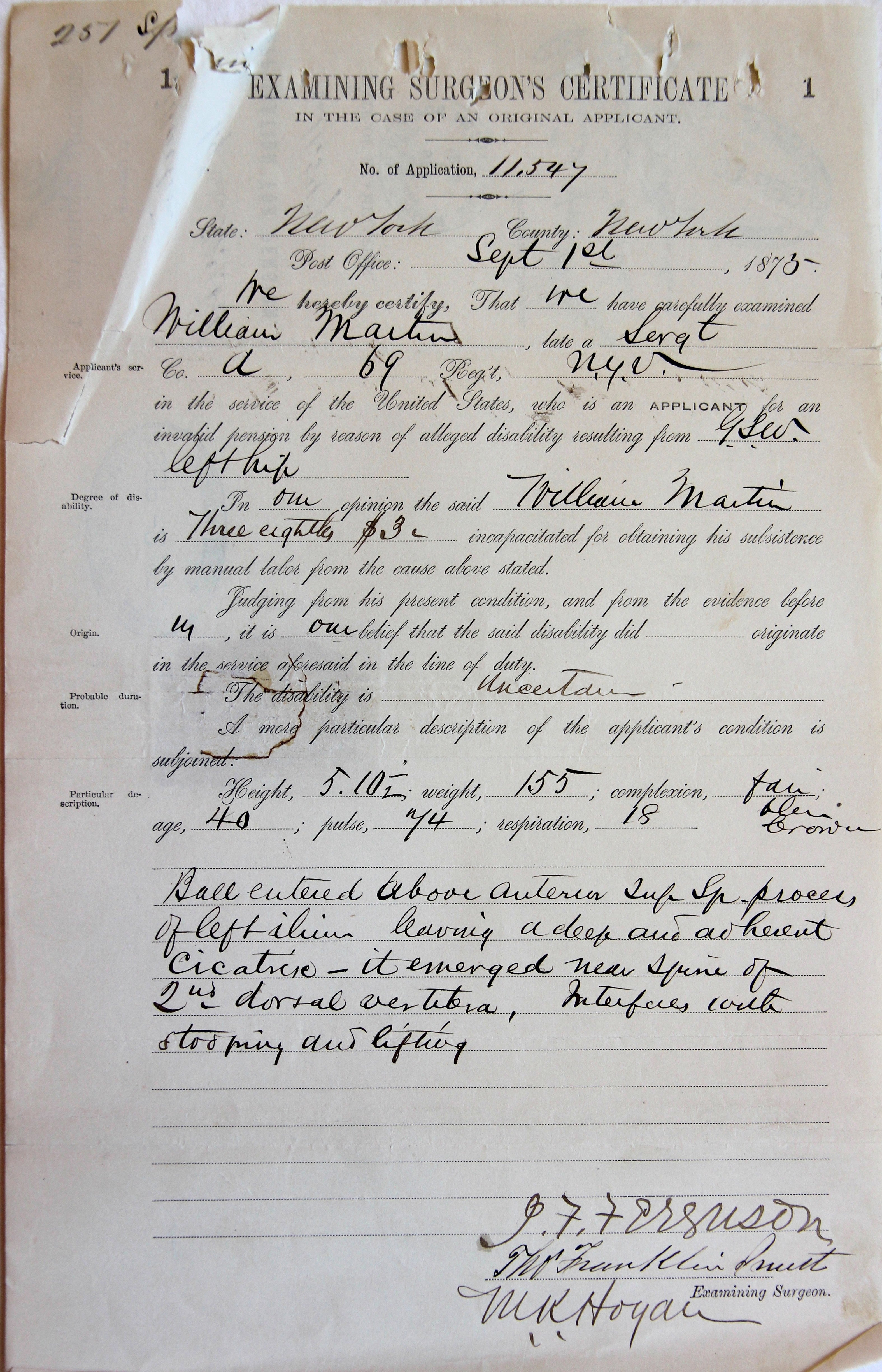 Image of a surgeon's certificate for William Martin's 1875 pension application