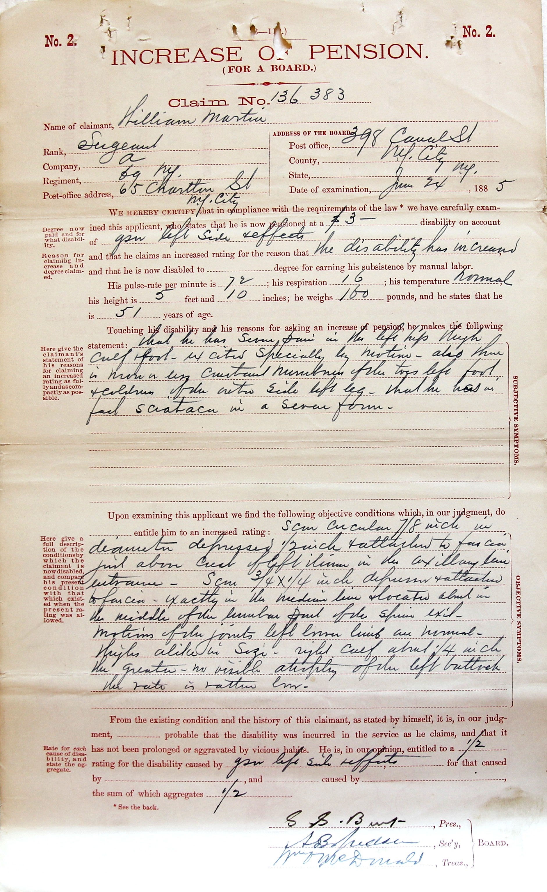 Image of a surgeon's certificate for William Martin's 1885 pension application