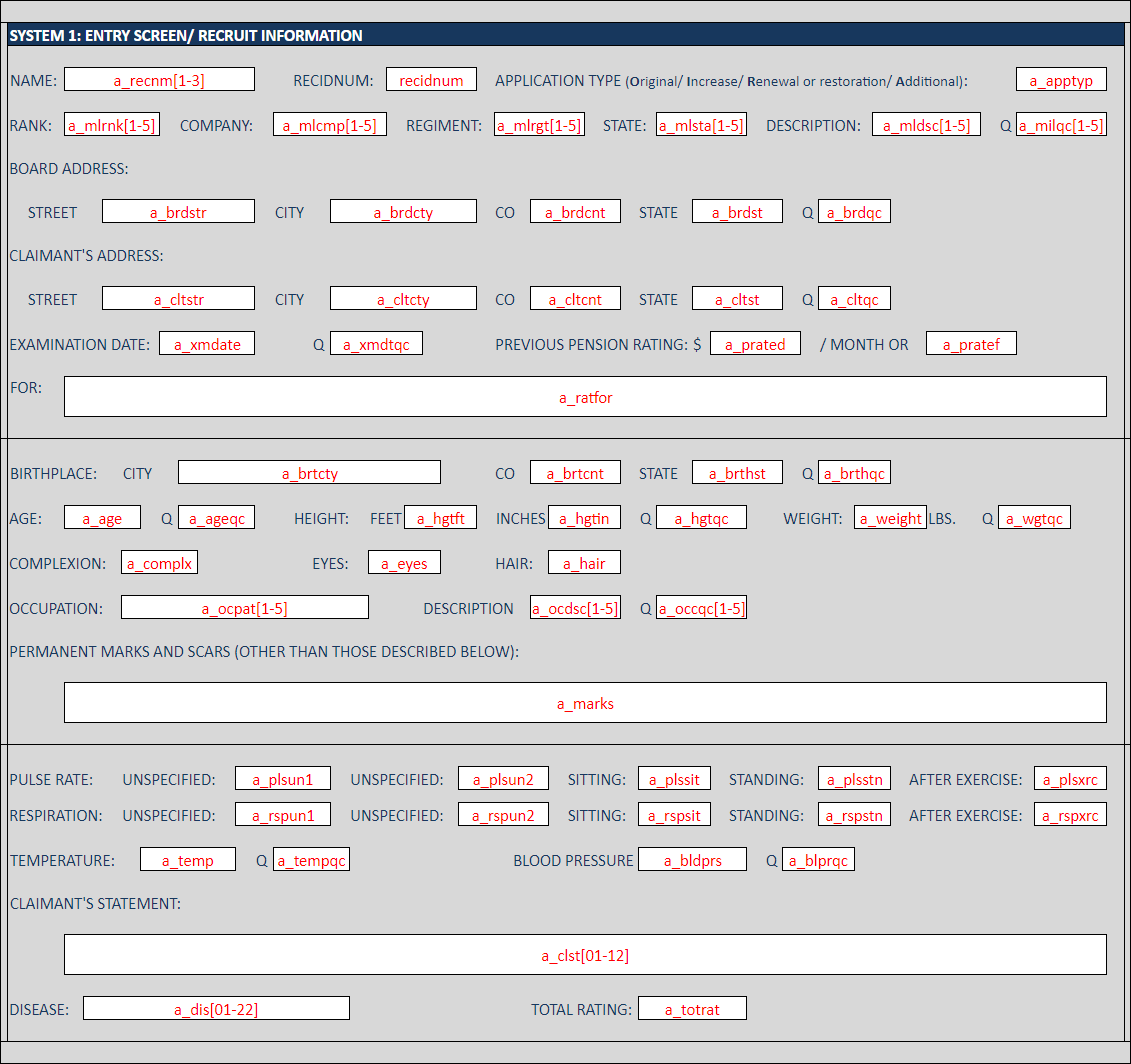 Image of the Union Army recruit data entry screen