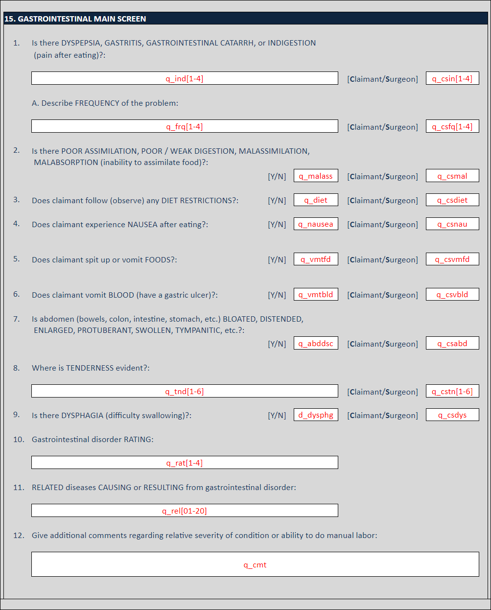 Image of the Union Army Data gastrointestinal data entry screen