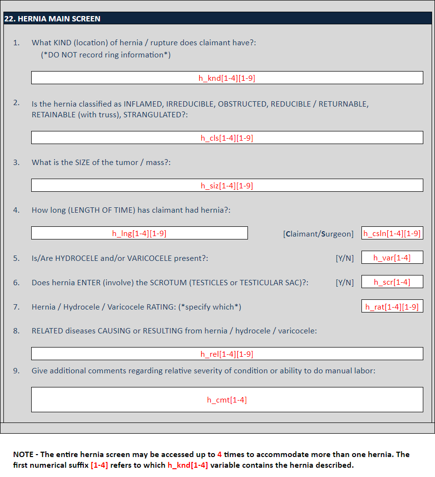 Image of the Union Army Data hernia data entry screen