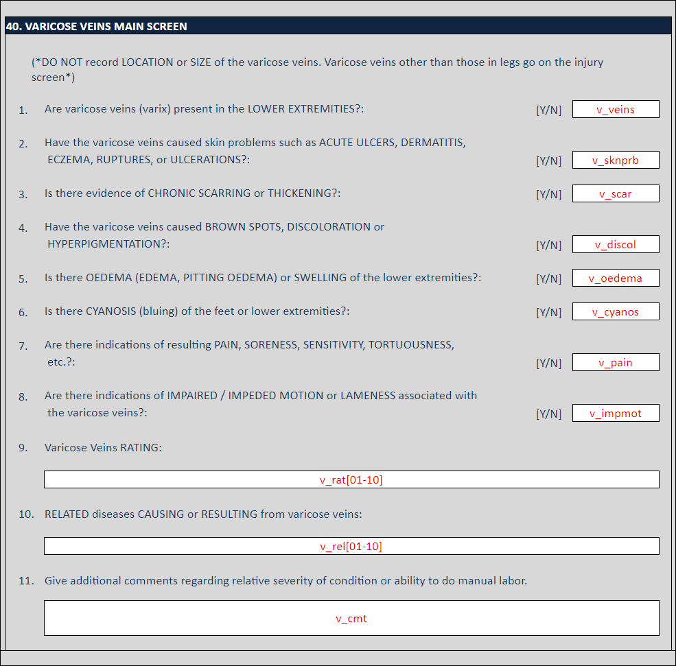 Image of the Union Army Data varicose vein data entry screen