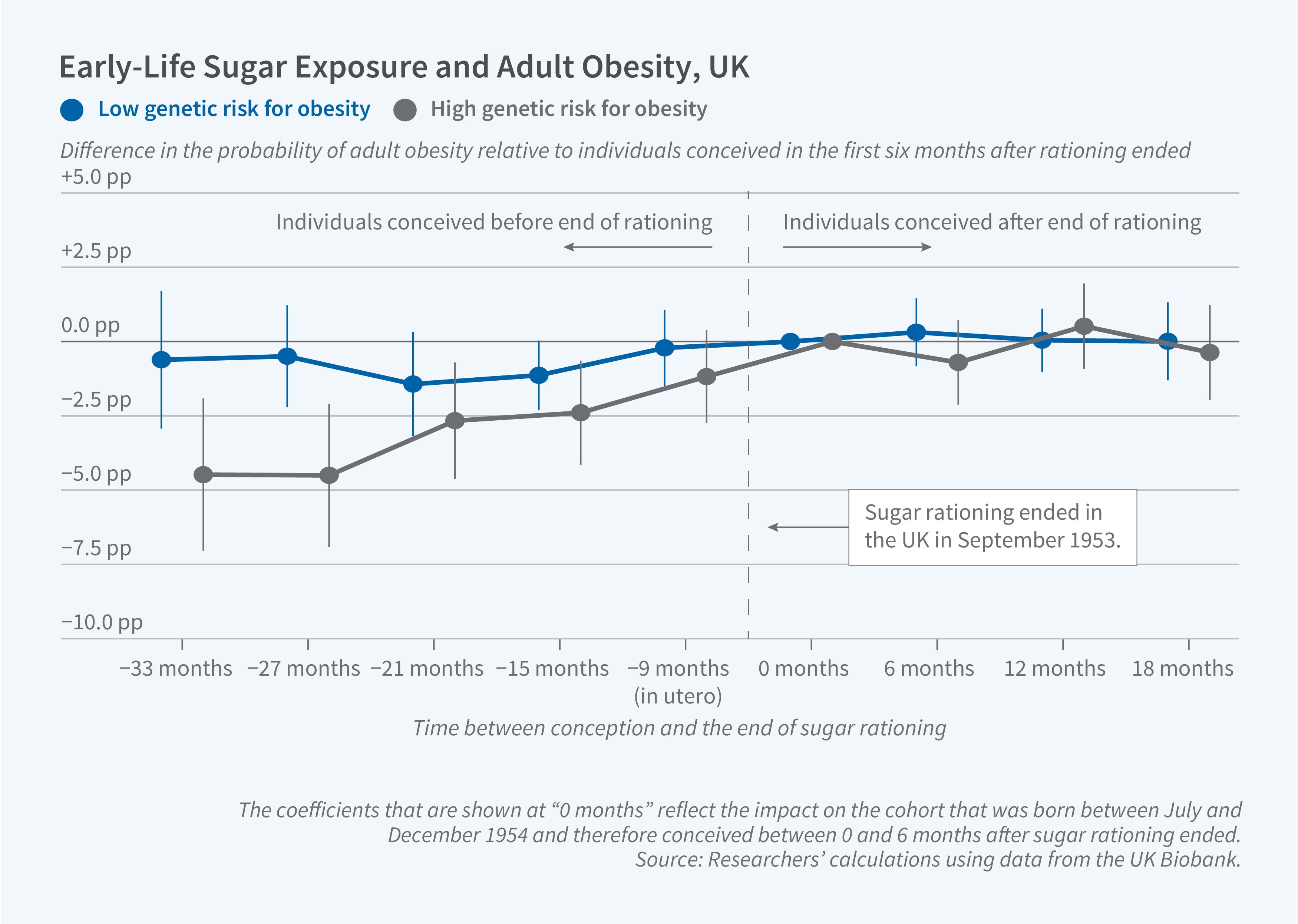 This figure is a line chart with error bars titled "Early-Life Sugar Exposure and Adult Obesity, UK," showing the difference in probability of adult obesity by genetic risk group relative to when individuals were conceived, before and after the end of UK sugar rationing. The y-axis is labeled "Difference in the probability of adult obesity relative to individuals conceived in the first six months after rationing ended" and ranges from −10.0 pp to +5.0 pp. The x-axis is labeled "Time between conception and the end of sugar rationing" and ranges from −33 months to 18 months, with a note that negative values indicate individuals conceived in utero before rationing ended. The legend distinguishes between individuals with low genetic risk for obesity, shown in blue, and individuals with high genetic risk for obesity, shown in gray; a vertical dashed line marks the point when sugar rationing ended (September 1953), dividing individuals conceived before and after that date. The figure shows that for individuals with low genetic risk, the obesity probability difference stays relatively flat and close to 0.0 pp across all time points; for individuals with high genetic risk, the difference starts around −5.0 pp for those conceived 27–33 months before rationing ended, rises steadily toward 0.0 pp as the conception date approaches the end of rationing, and remains close to 0.0 pp for those conceived after rationing ended, with confidence intervals that are wider for earlier conception times and narrow closer to the rationing end date. A note on the figure reads: "The coefficients that are shown at '0 months' reflect the impact on the cohort that was born between July and December 1954 and therefore conceived between 0 and 6 months after sugar rationing ended." The source line reads: "Researchers' calculations using data from the UK Biobank."
