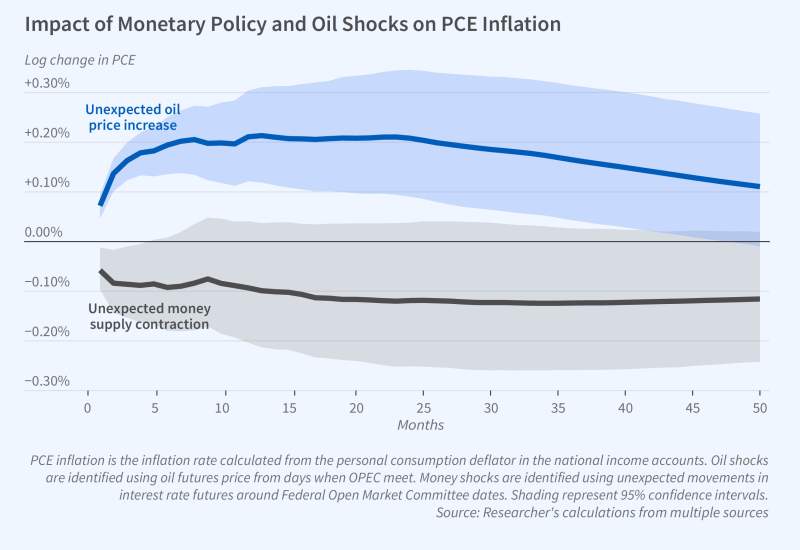 This figure is a line graph titled, Impact of Money and Oil Shocks on PCE Inflation. The y-axis is labeled, Log change in PCE. It ranges from negative 0.30 to positive 0.30 percent. It increases in increments of 0.10.  The x-axis is labeled, months, and ranges from 0 to 50, increasing in increments of 5.  There are two lines, one labeled Unexpected oil price increase and the other, Unexpected money supply contraction. Each line has shading around it, representing the 95 percent confidence intervals.  The un