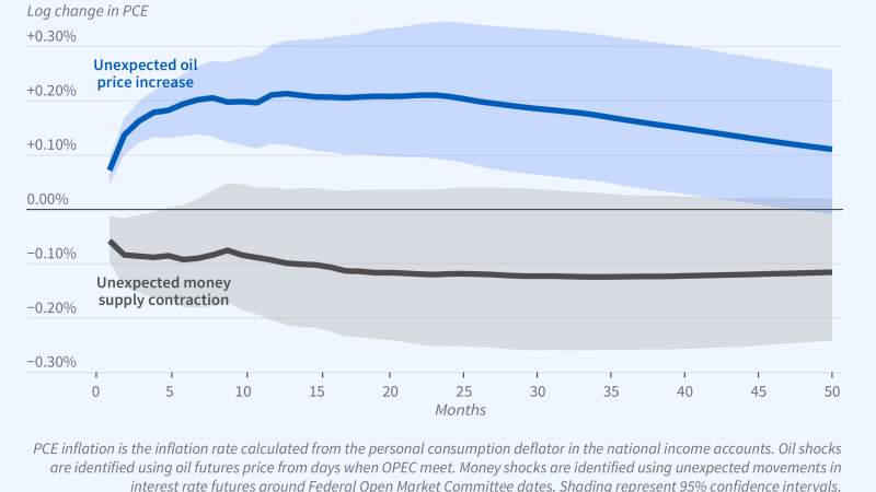 This figure is a line graph titled, Impact of Money and Oil Shocks on PCE Inflation. The y-axis is labeled, Log change in PCE. It ranges from negative 0.30 to positive 0.30 percent. It increases in increments of 0.10.  The x-axis is labeled, months, and ranges from 0 to 50, increasing in increments of 5.  There are two lines, one labeled Unexpected oil price increase and the other, Unexpected money supply contraction. Each line has shading around it, representing the 95 percent confidence intervals.  The un